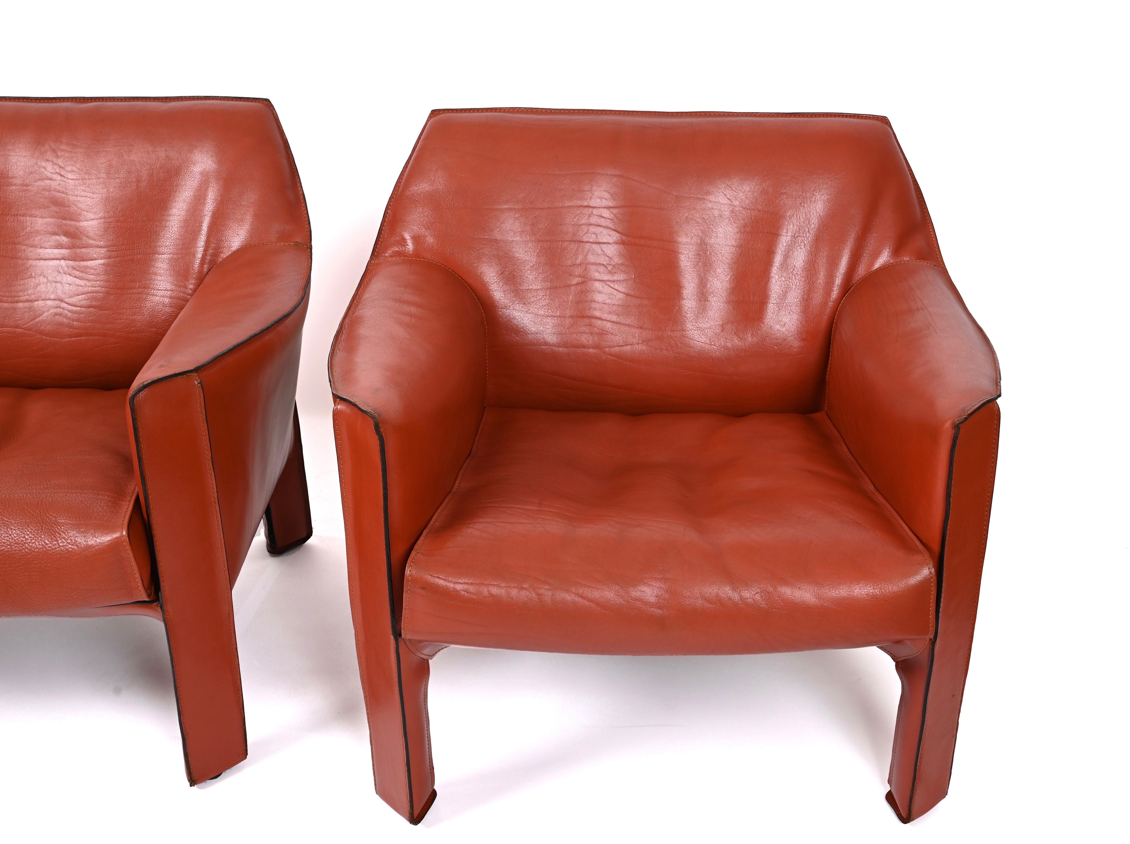 Mario Bellini for Cassina Pair of Cab 415 Leather Club Chairs Signed Italy 1980s 1
