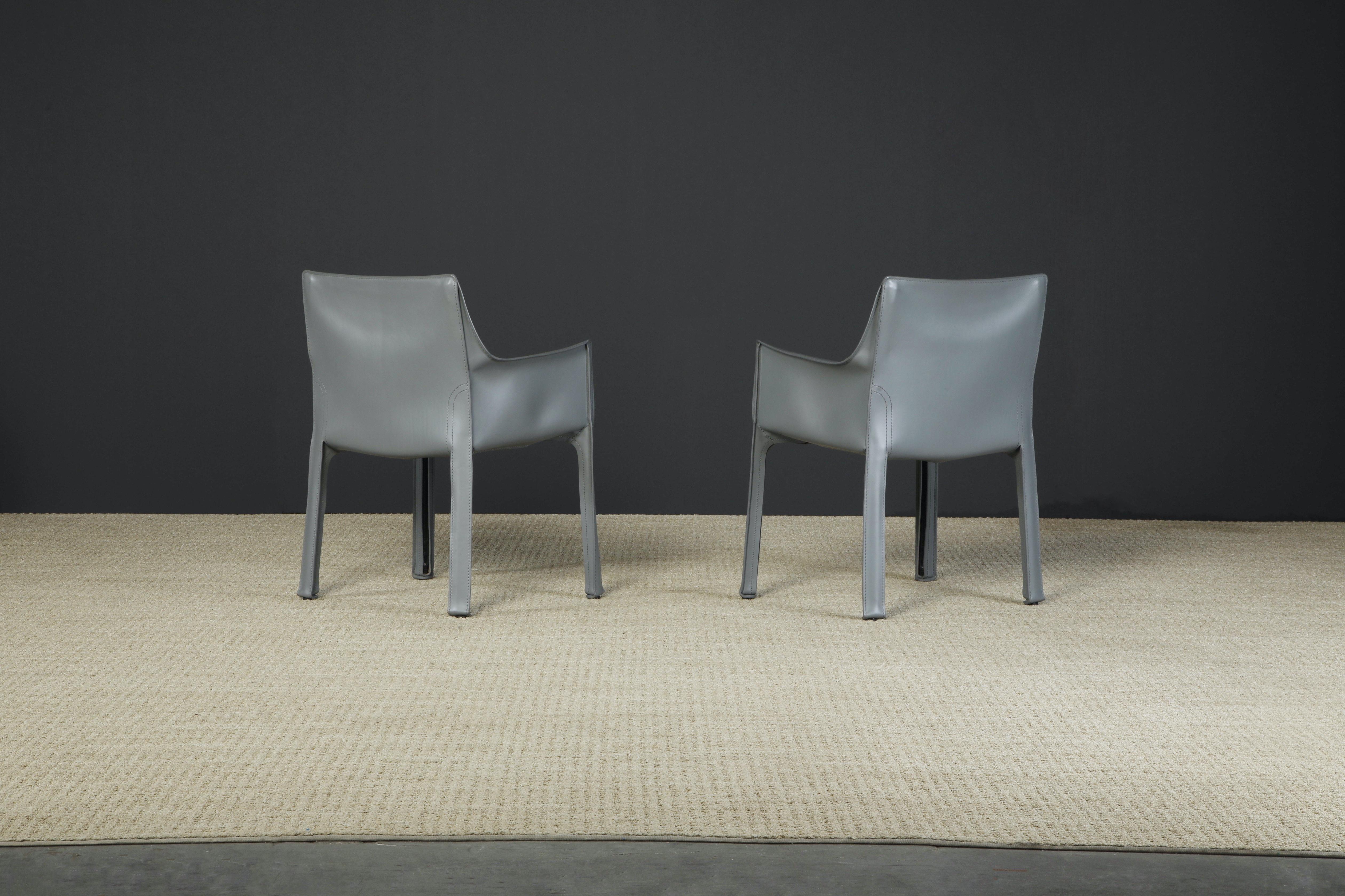 Mario Bellini for Cassina Pair of Grey Leather 'Cab' Armchairs, Signed In Good Condition In Los Angeles, CA