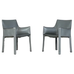 Mario Bellini for Cassina Pair of Grey Leather 'Cab' Armchairs, Signed