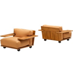Mario Bellini for Cassina Pianura Lounge Chairs in Walnut and Leather