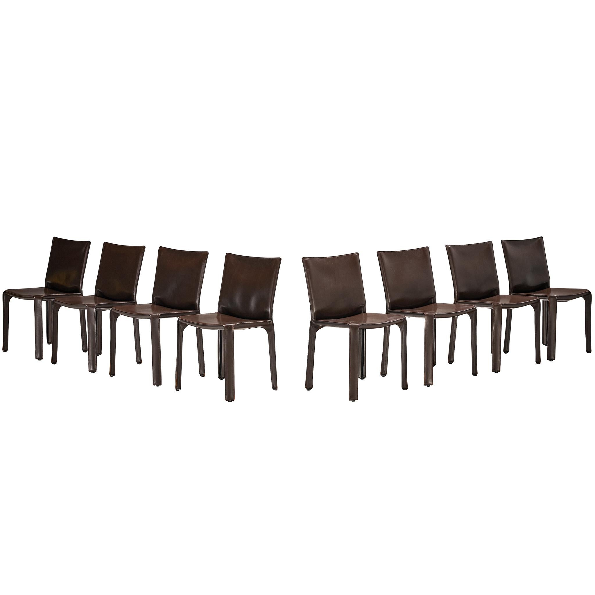 Mario Bellini for Cassina Set of Eight 'Cab' Dining Chairs in Brown Leather
