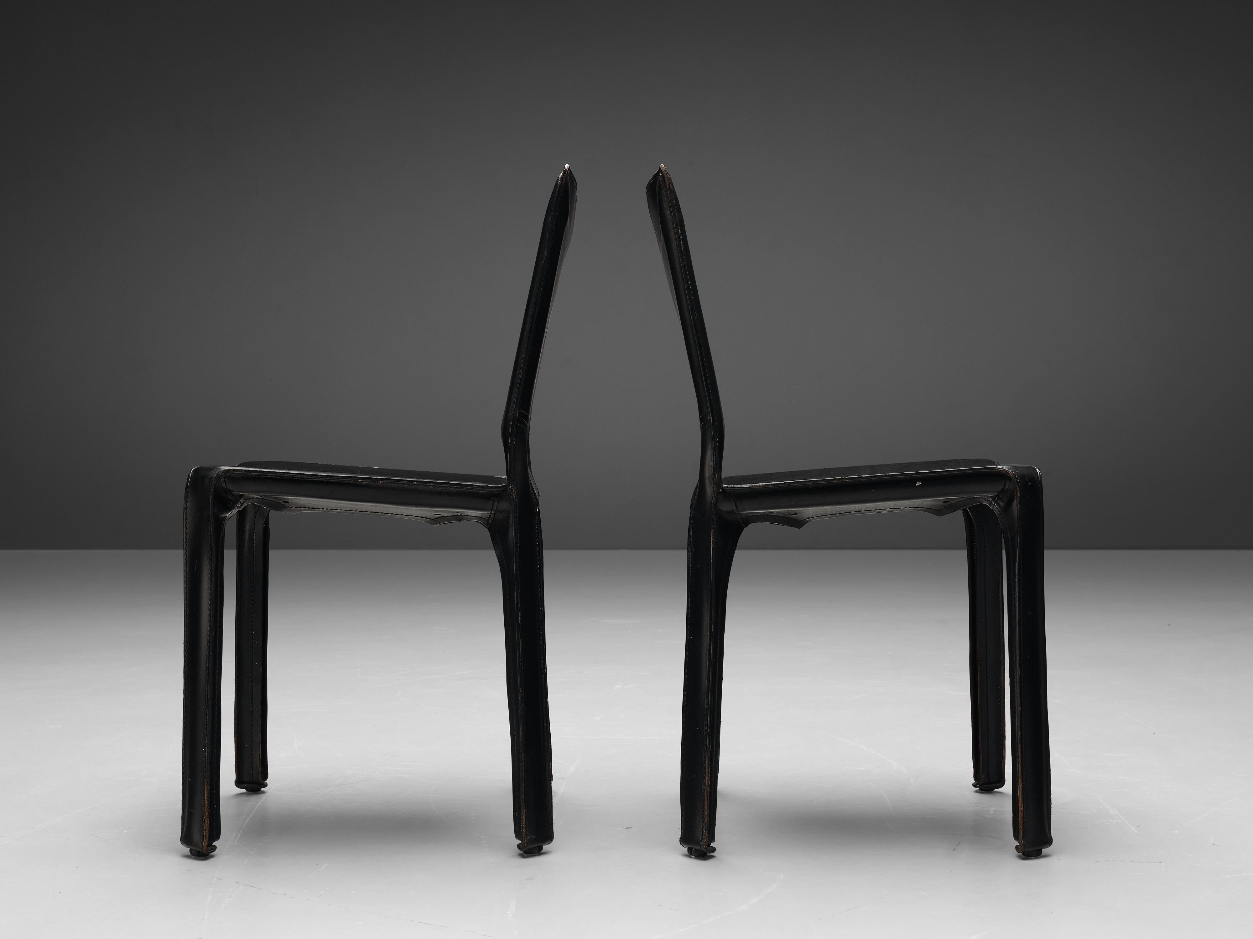 Post-Modern Mario Bellini for Cassina Set of Four Black 'Cab' Dining Chairs in Leather  For Sale