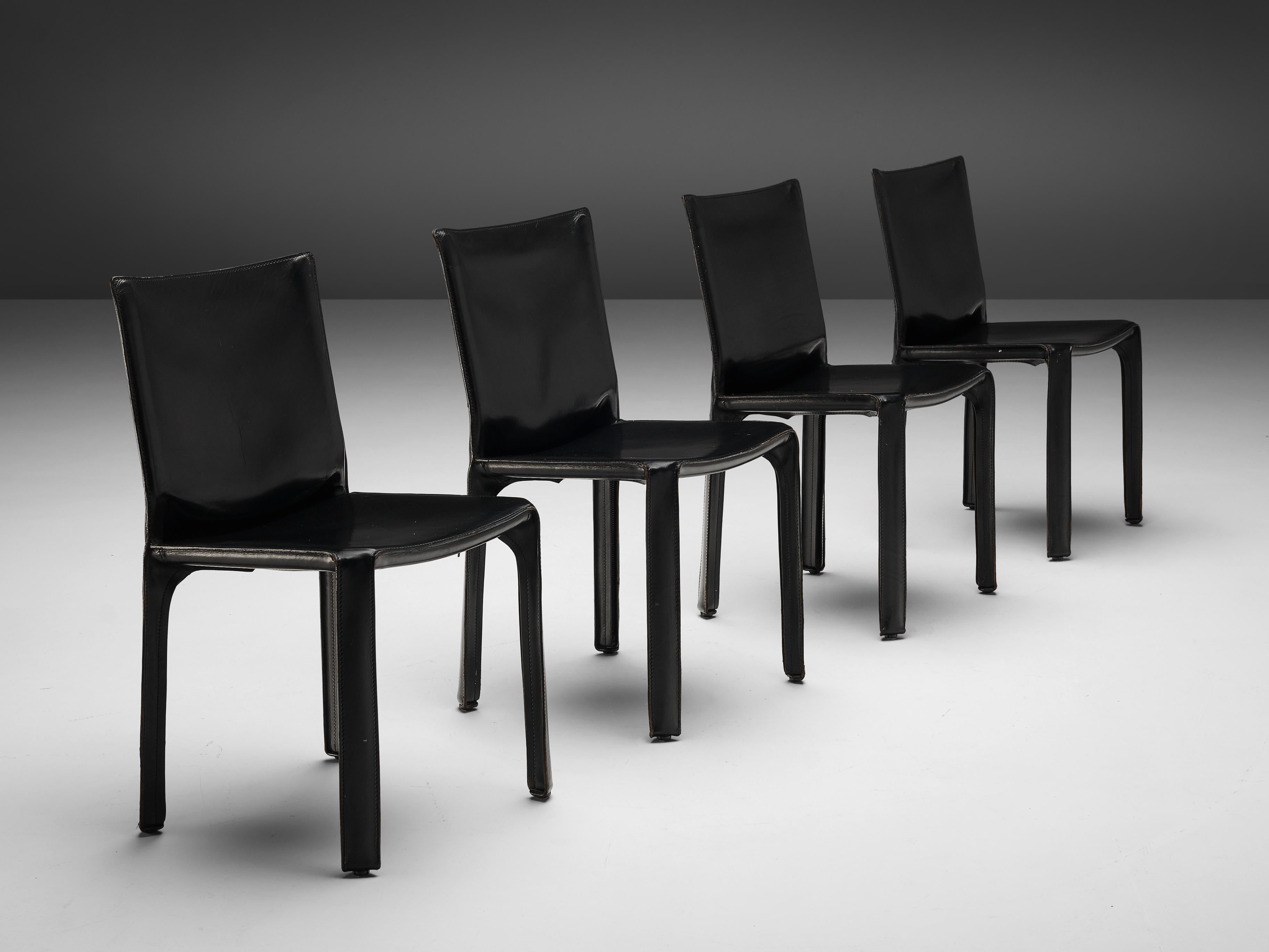 Late 20th Century Mario Bellini for Cassina Set of Four Black 'Cab' Dining Chairs in Leather  For Sale