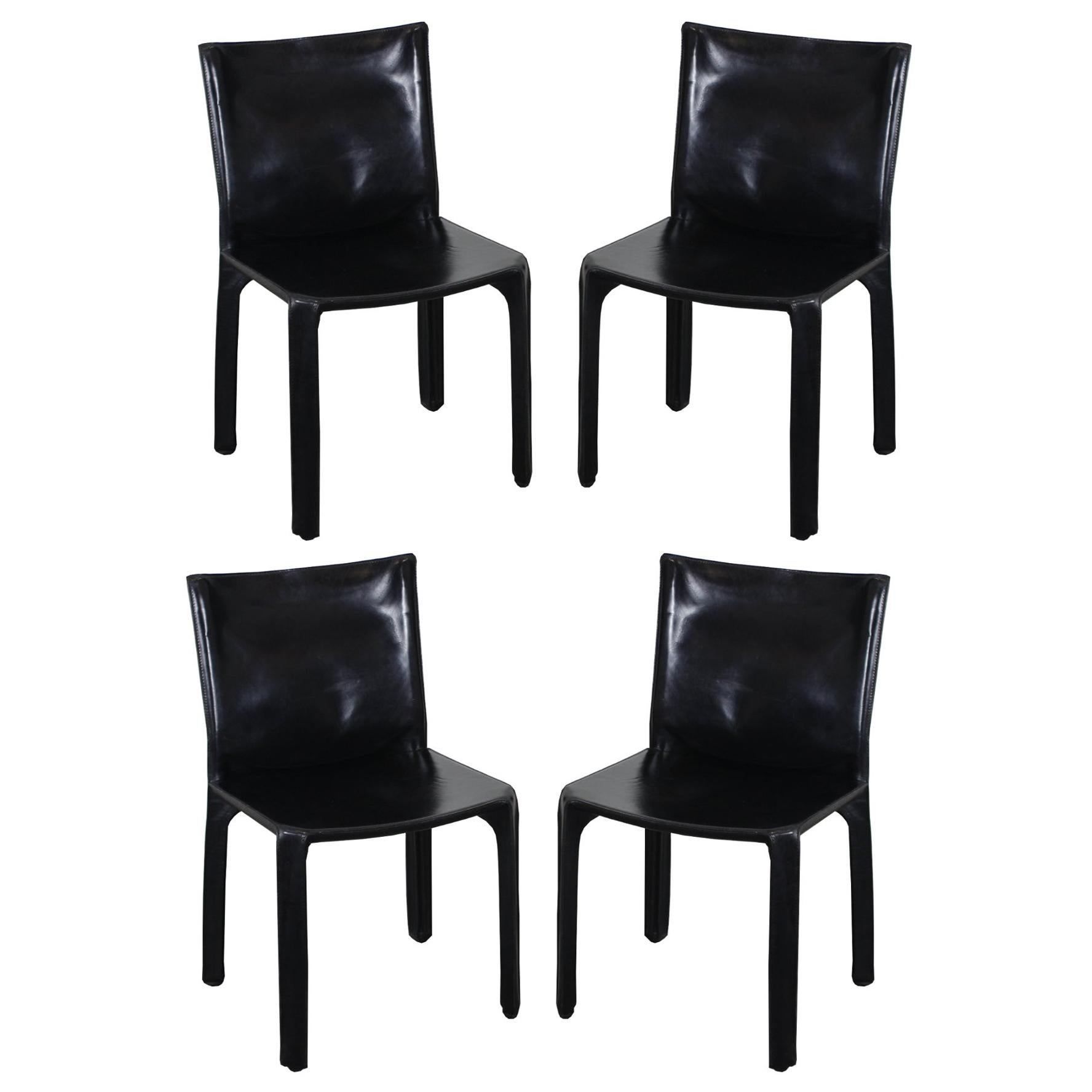 Mario Bellini for Cassina Set of Four Black Leather Cab Chairs, 1970s For Sale