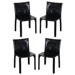Mario Bellini for Cassina Set of Four Black Leather Cab Chairs, 1970s