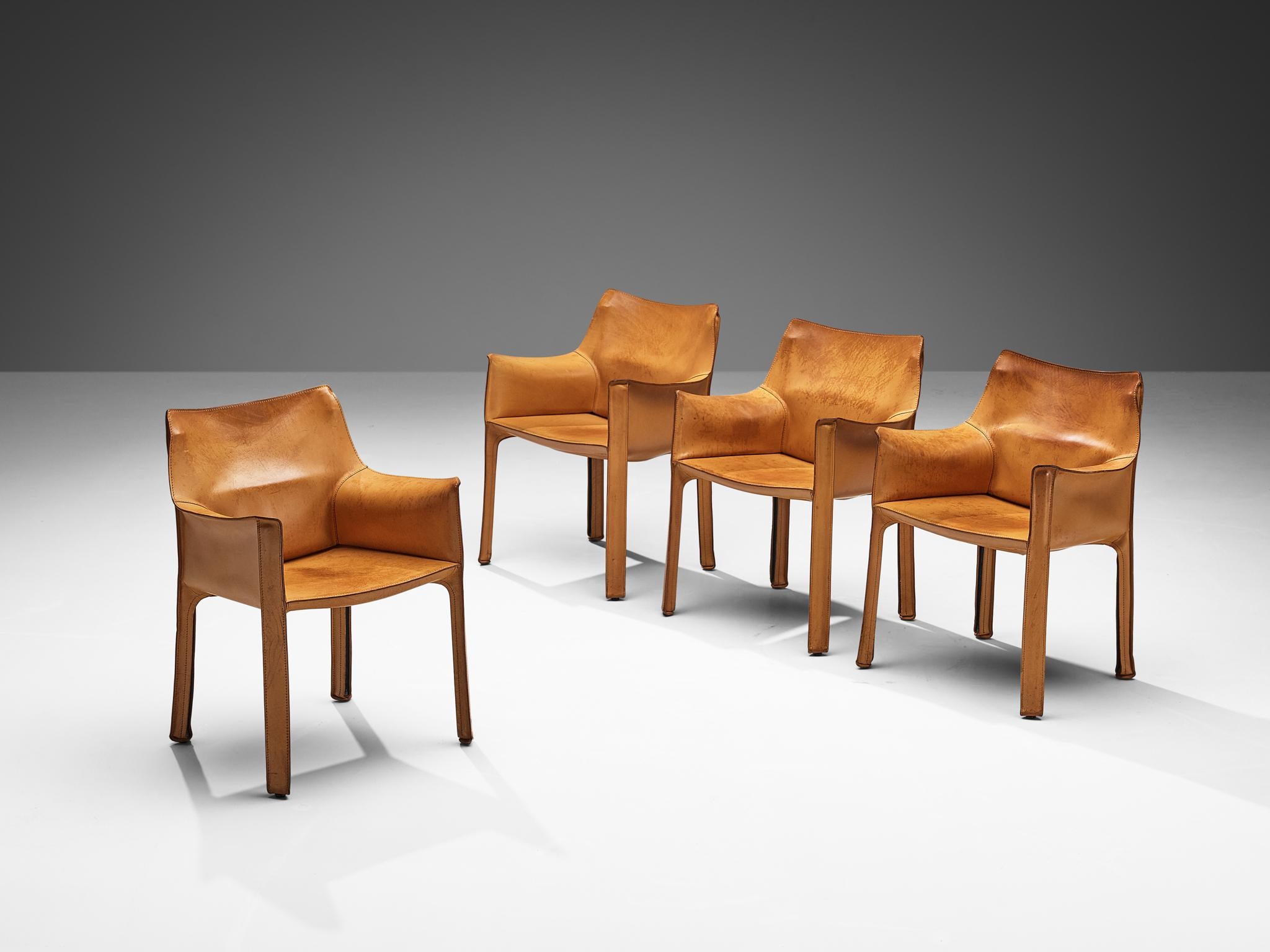 Mario Bellini for Cassina, set of four armchairs model 'CAB 413', leather, Italy, design 1979

The iconic ‘CAB’ chairs were designed by Mario Bellini in 1979. Conceptually new was the way Bellini uses leather to cover the whole chair in one