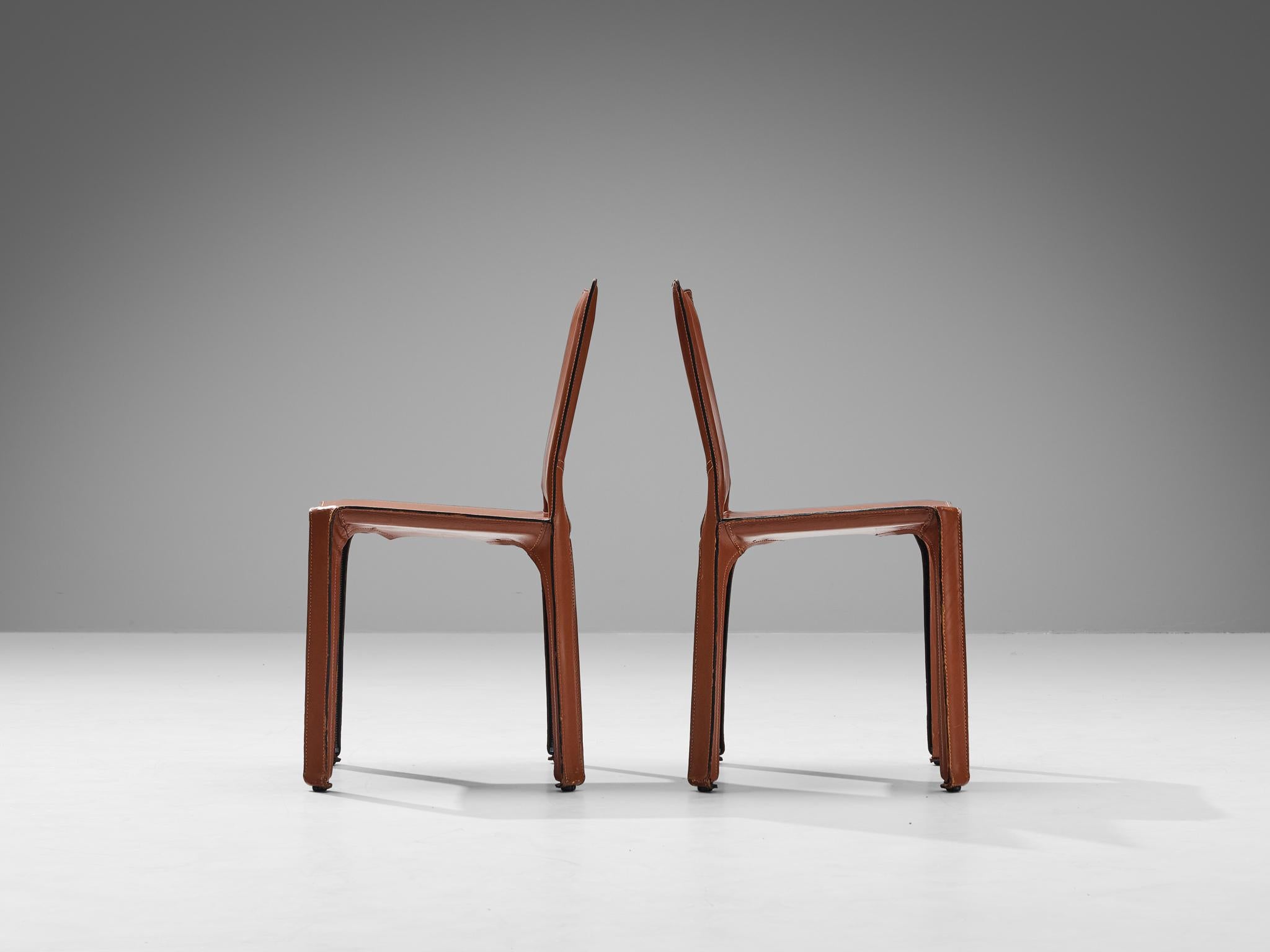 Post-Modern Mario Bellini for Cassina Set of Six Cab Dining Chairs Brown Saddle Leather