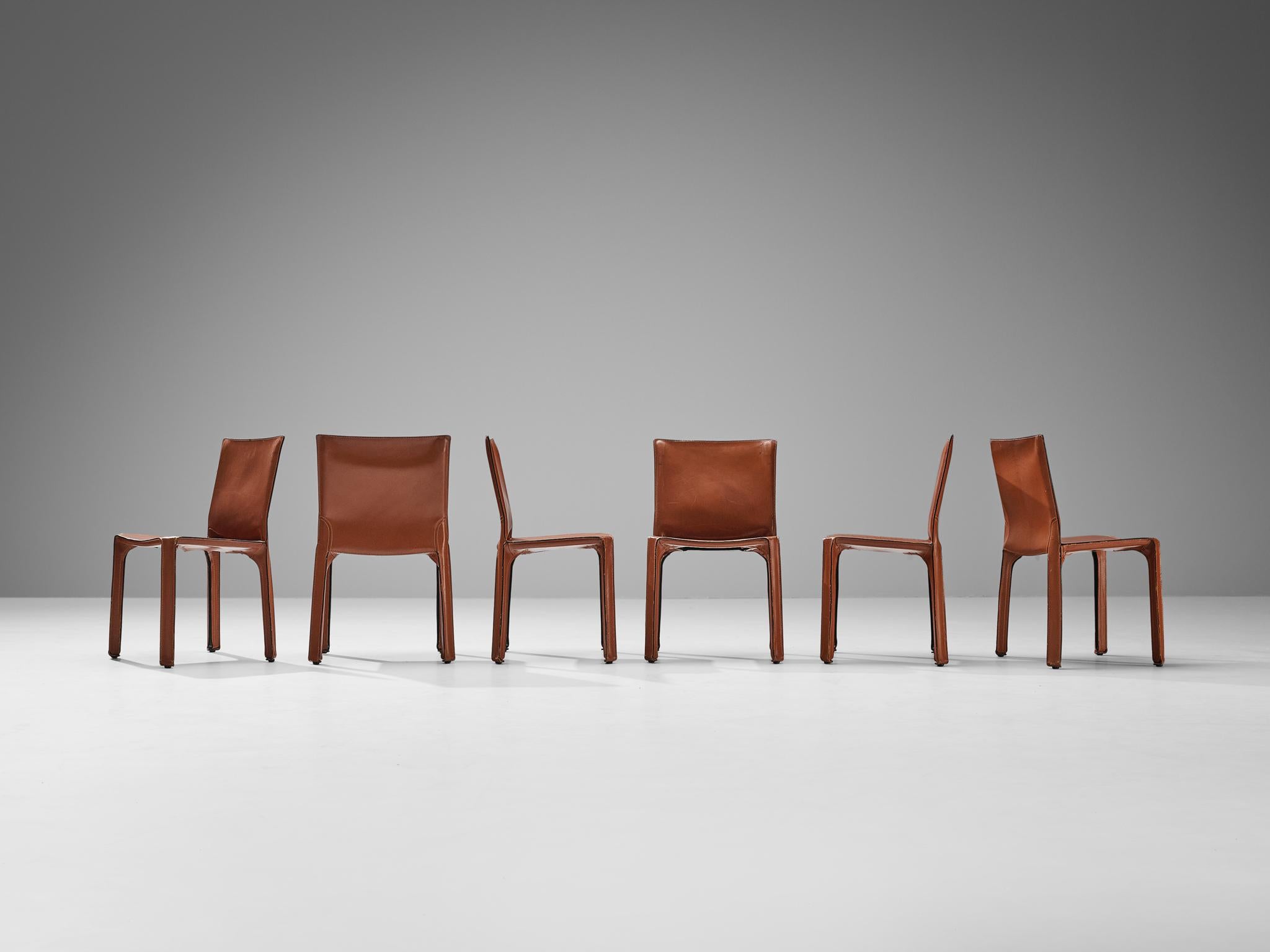 Late 20th Century Mario Bellini for Cassina Set of Six Cab Dining Chairs Brown Saddle Leather