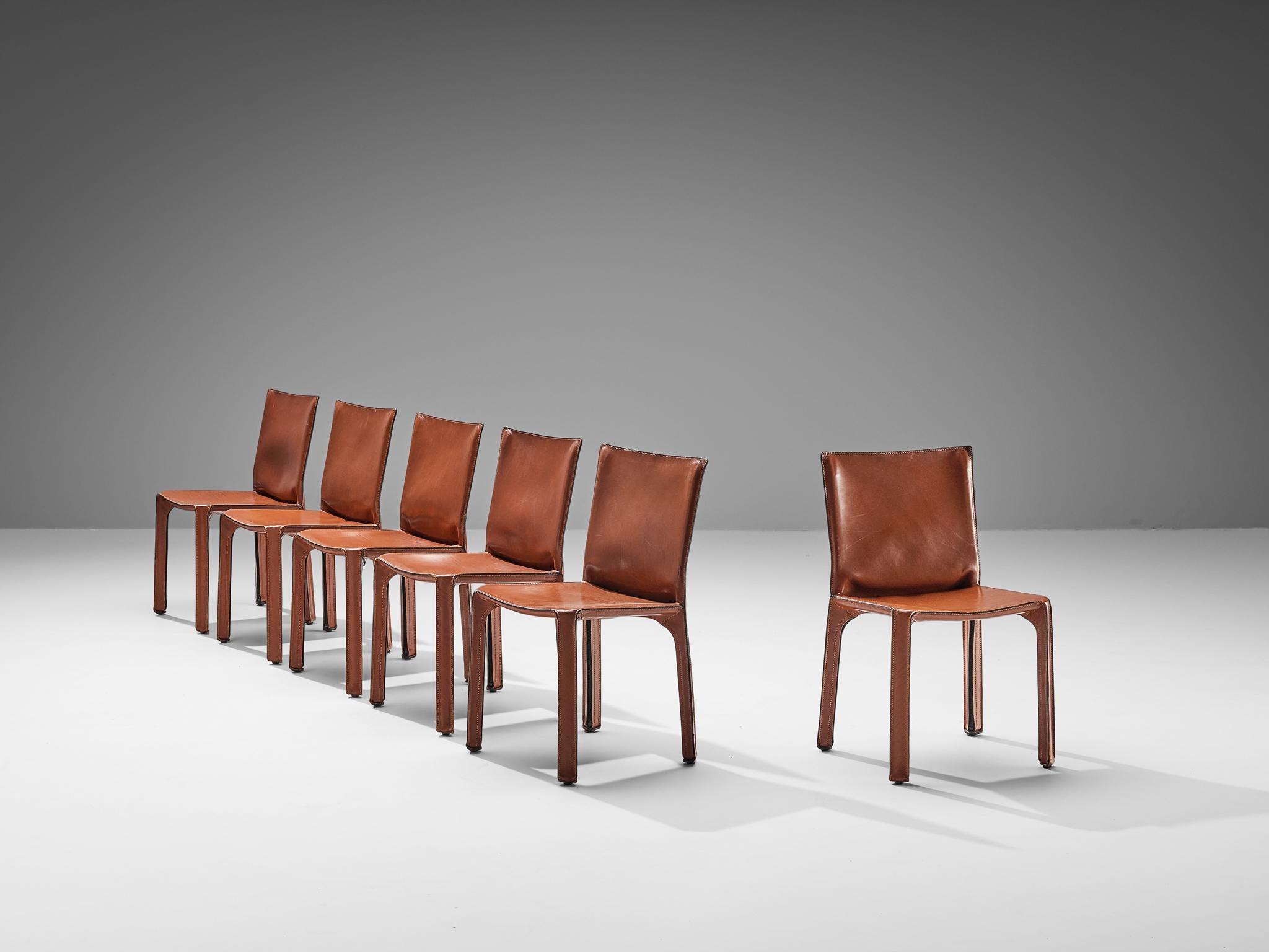 Mario Bellini for Cassina Set of Six Cab Dining Chairs Brown Saddle Leather 3