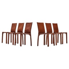 Mario Bellini for Cassina Set of Six Cab Dining Chairs Brown Saddle Leather