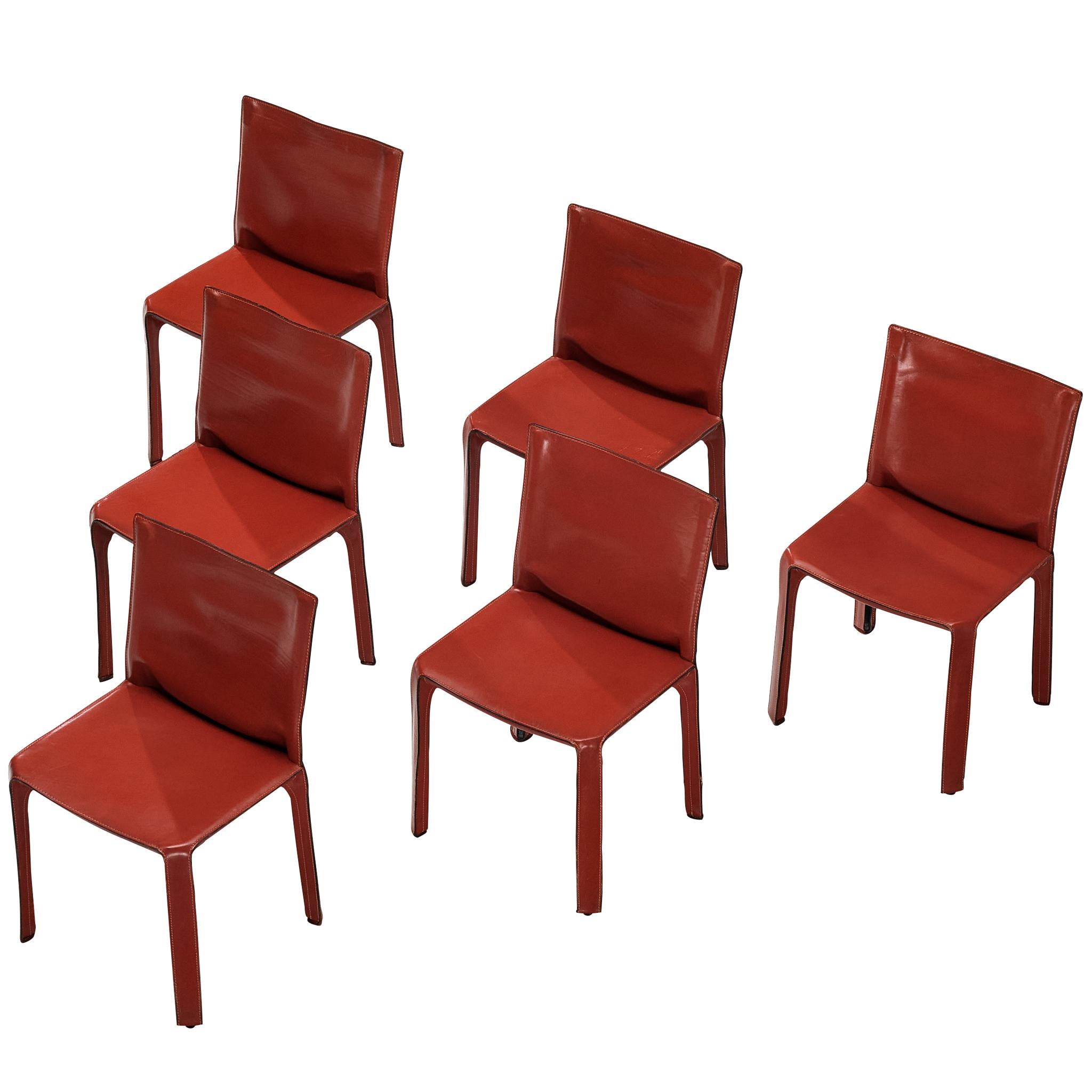 Mario Bellini for Cassina Set of Six 'Cab' Dining Chairs in Red Brown Leather
