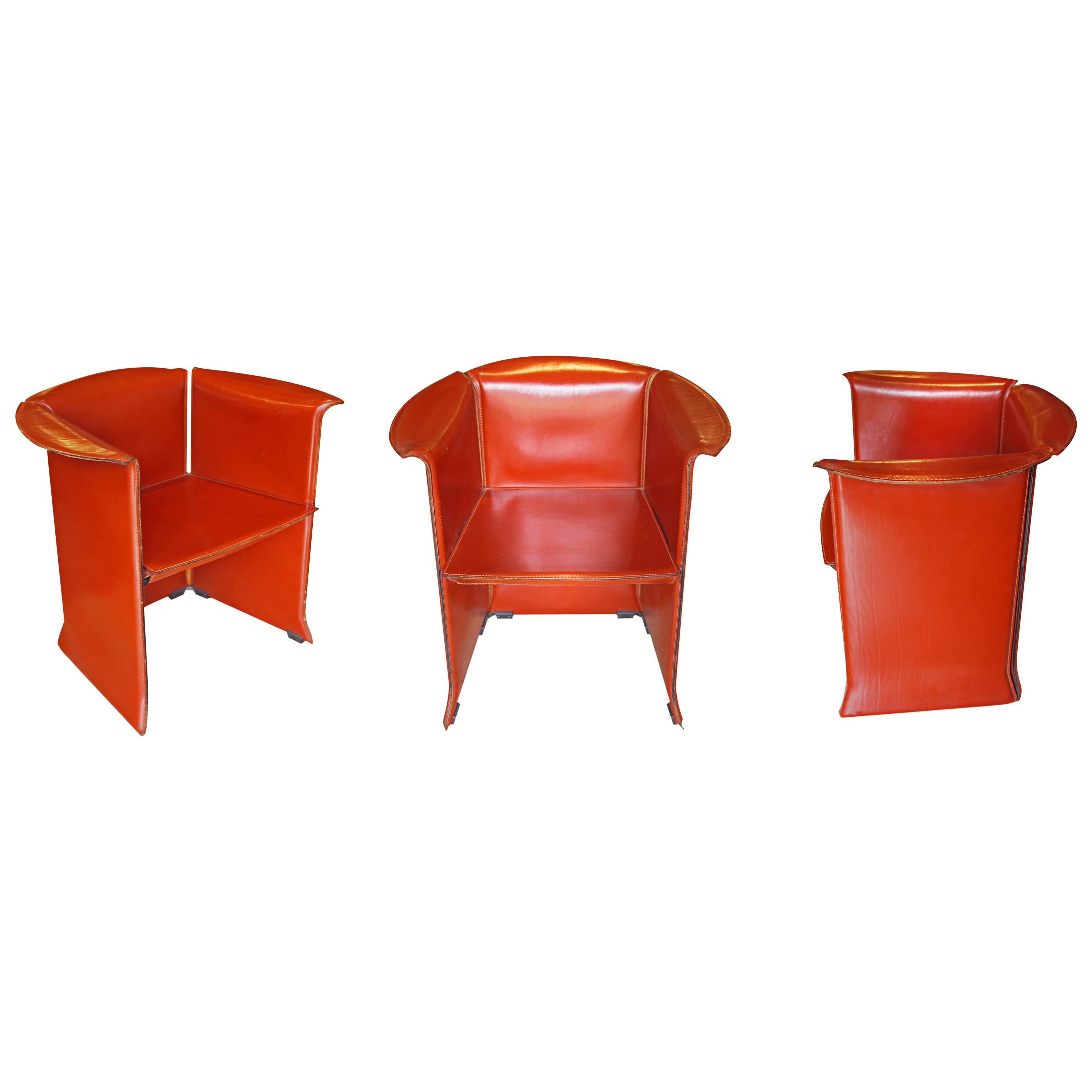 Cassina Design Armchairs Orange Leather N-1, Mario Bellini for Cassina 80's