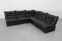 Mario Bellini Inspired Black Tufted Leather & Beech Wood 5 Piece Sectional Sofa