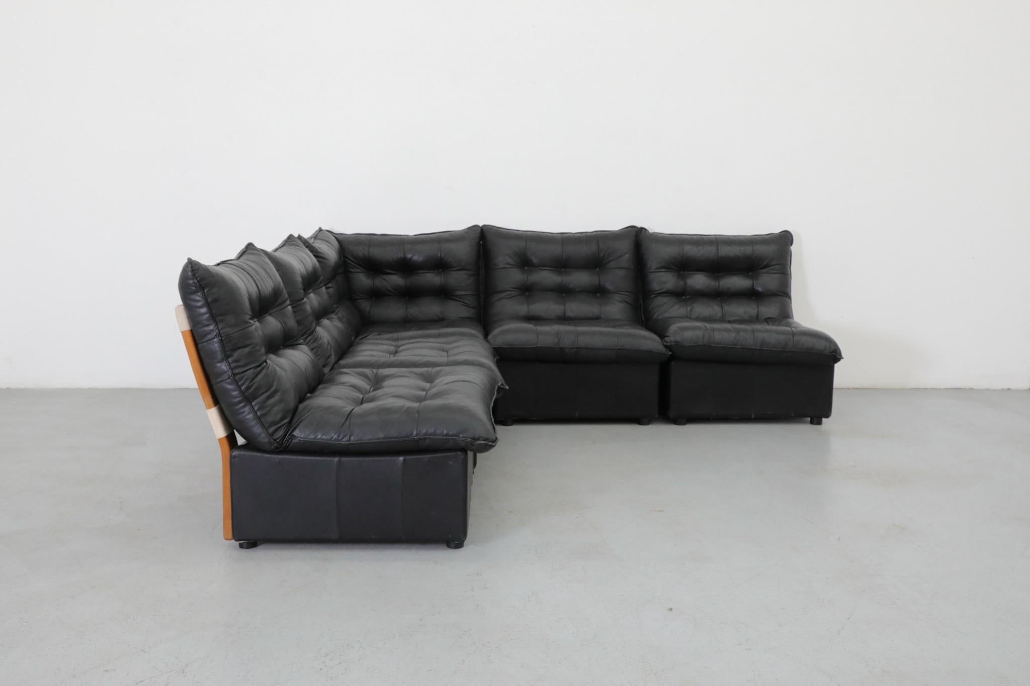 Mario Bellini inspiriert Schwarzes getuftetes Leder & Buchenholz 5 Stück Sektional Sofa im Zustand „Gut“ im Angebot in Los Angeles, CA