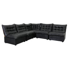 Mario Bellini inspiriert Schwarzes getuftetes Leder & Buchenholz 5 Stück Sektional Sofa