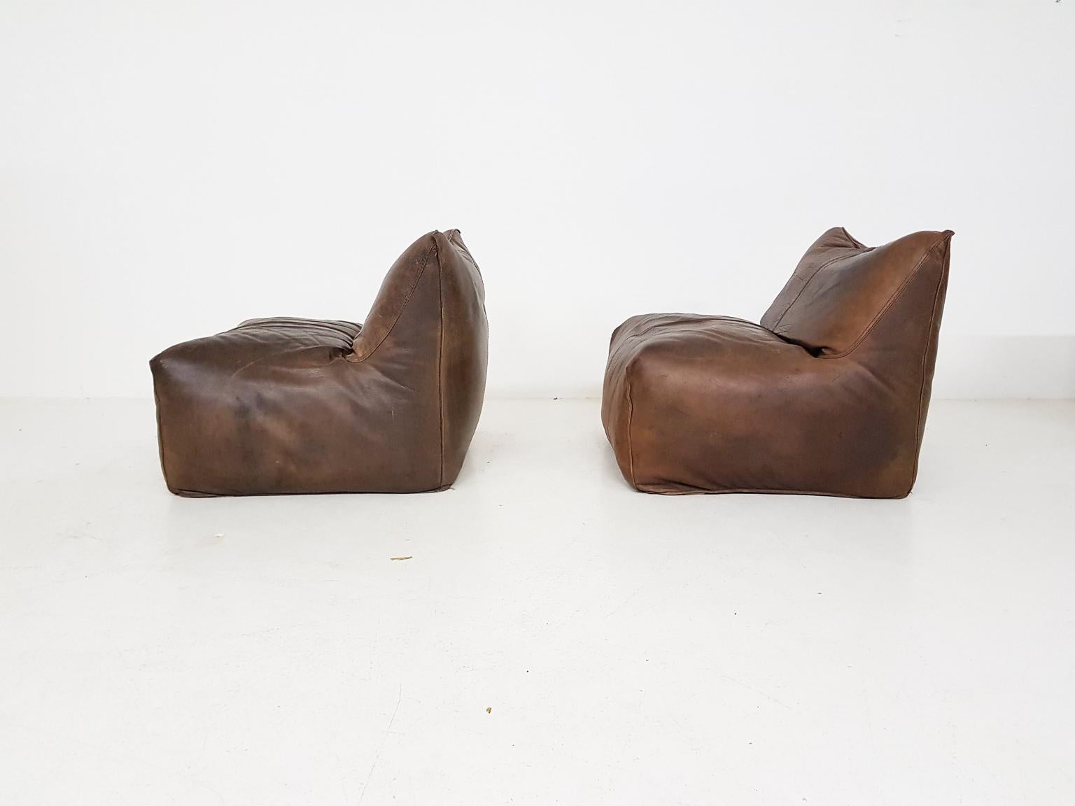 Mid-Century Modern Mario Bellini Le Bambole Cognac Leather Lounge Chairs for B&B Italia, Italy 1975