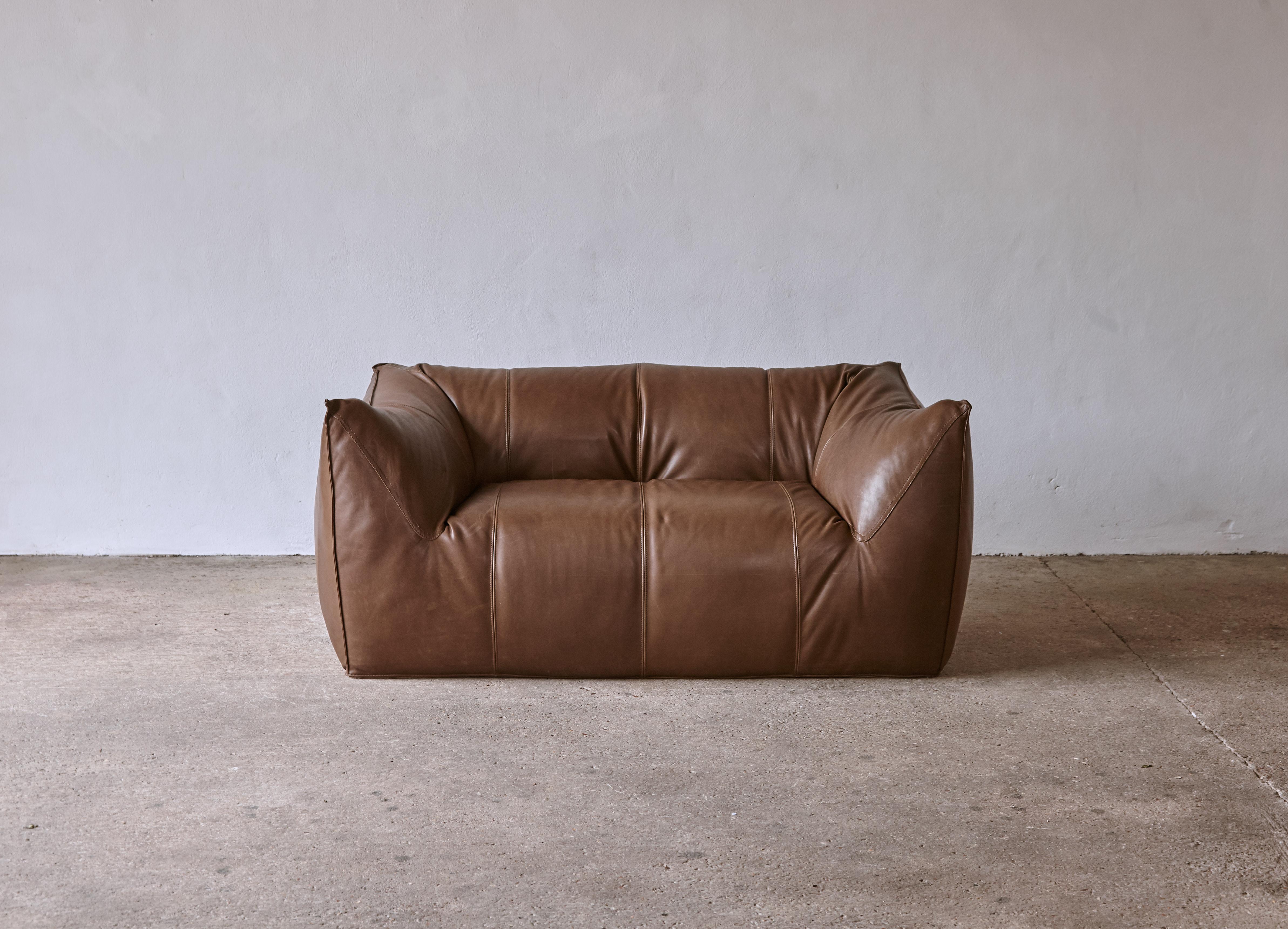 Mid-Century Modern Mario Bellini Le Bambole Sofa, Brown Leather, B&B Italia, 1970s