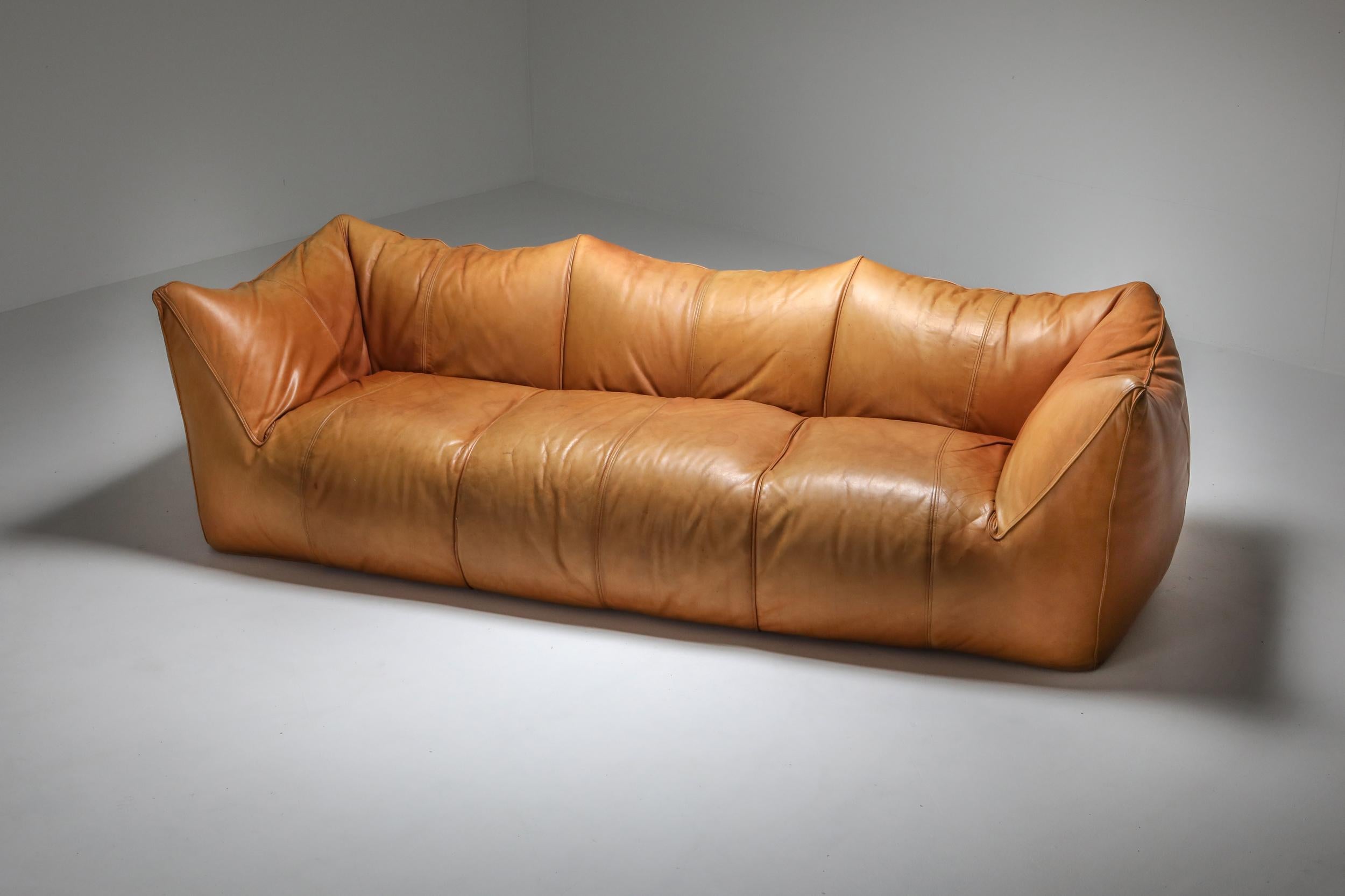 Italian Mario Bellini 'Le Bambole' Three-Seat Couch in Tan Leather