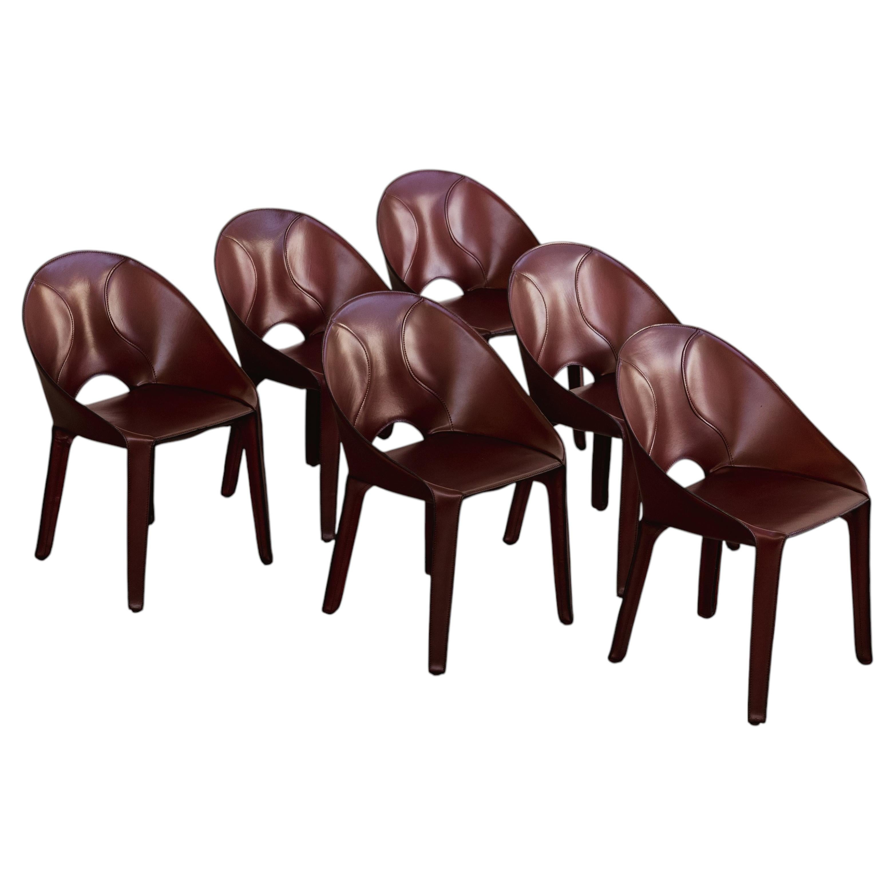 Mario Bellini "Lira & Liuto" Chair for Cassina, Bordeaux Leather, 1989, Set of 6
