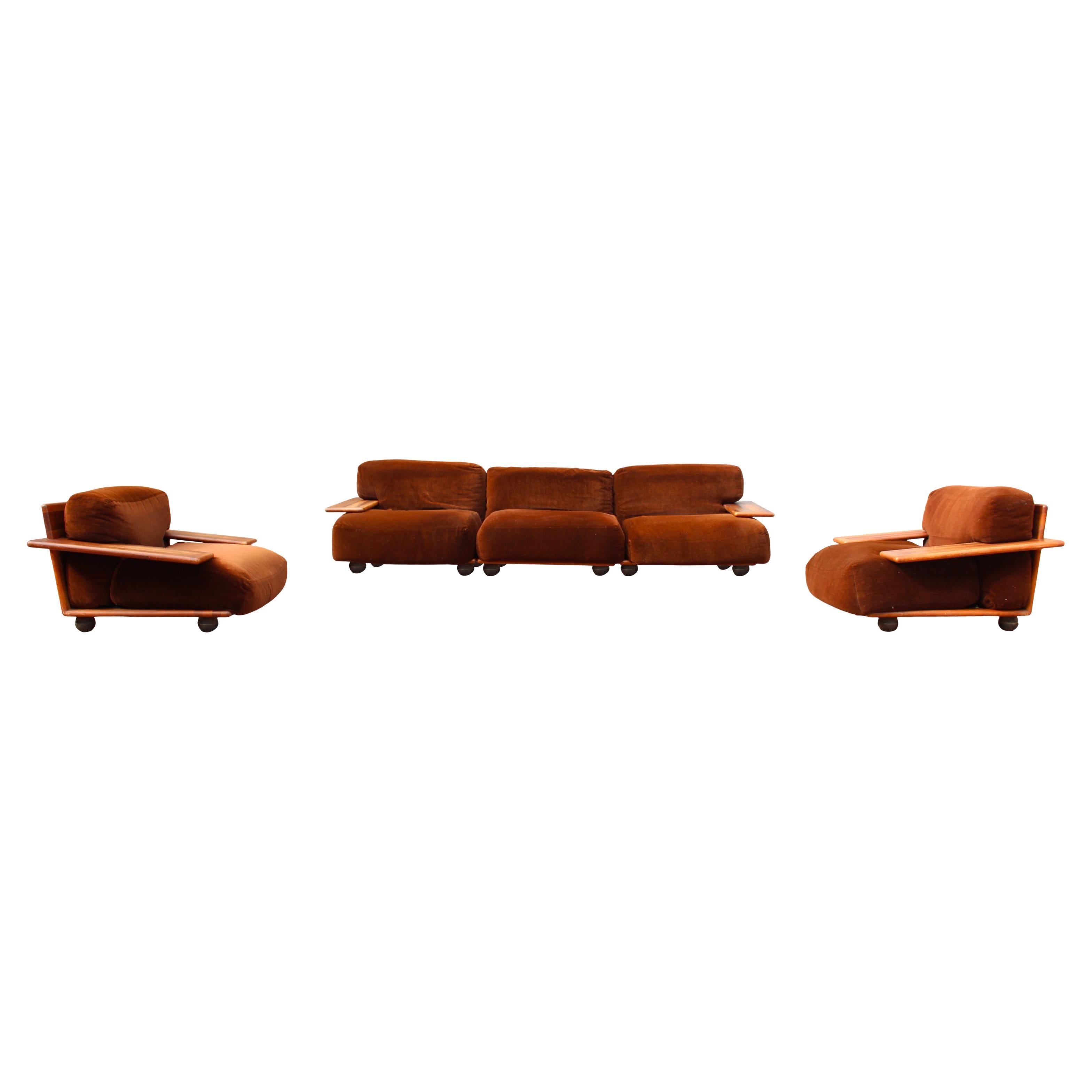 Mario Bellini Midcentury Brown Velvet Pianura Living Room Set for Cassina, 1970