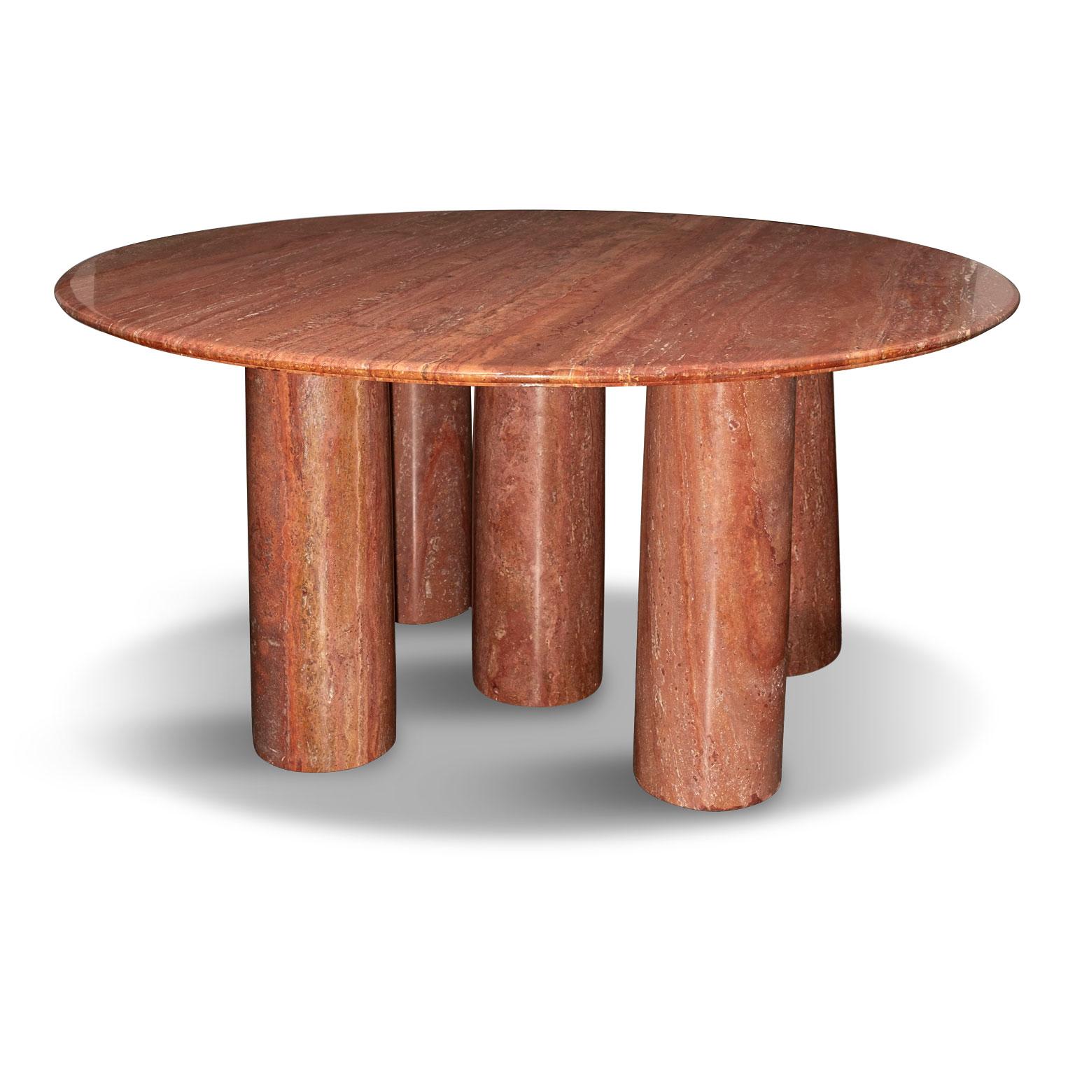 Mario Bellini monumental round 'Il Collonato' red Persian travertine table, a large round table, designed by Mario Bellini, entirely out of red Persian travertine. This minimalistic table features a massive round top raised upon five column legs.