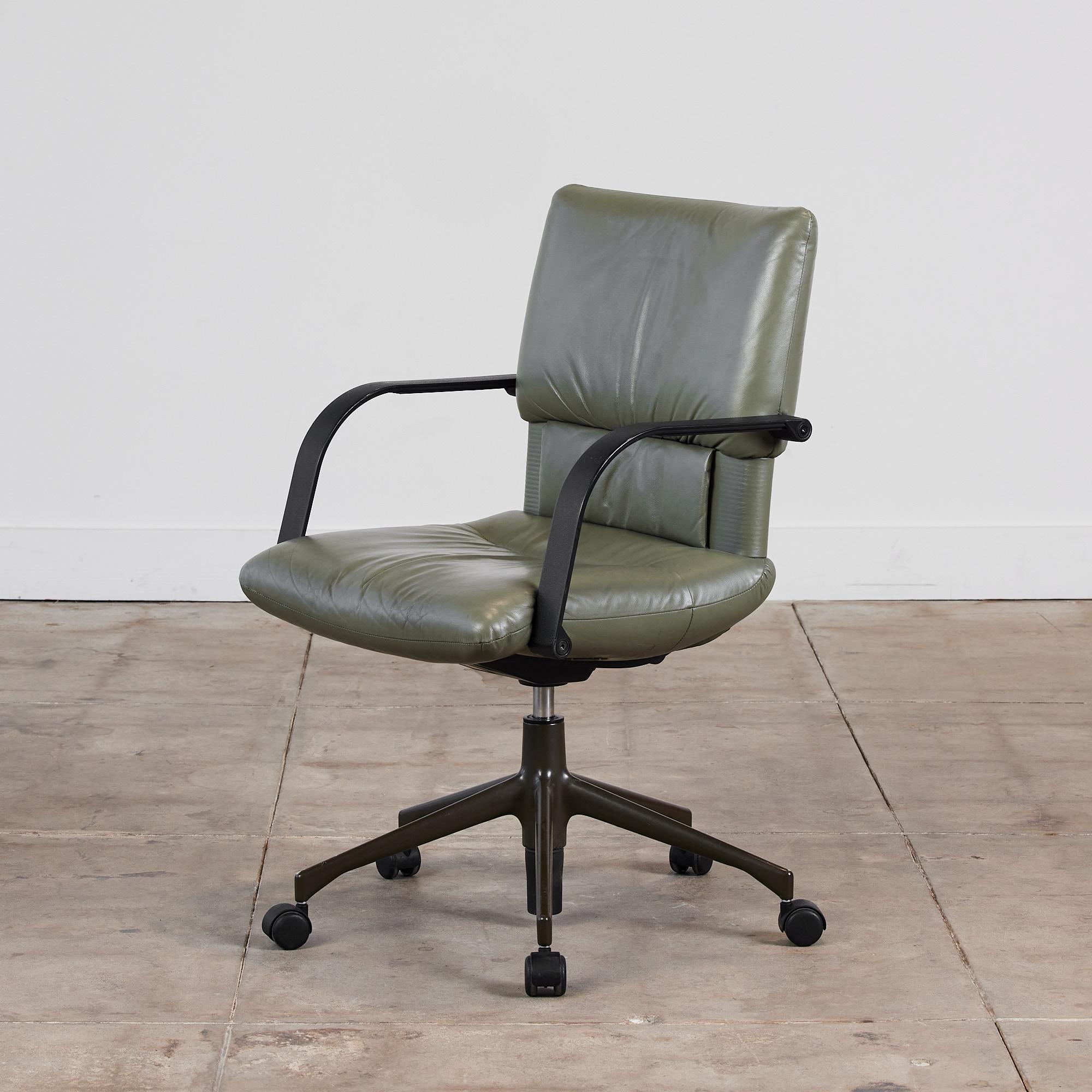 Office chair by Mario Bellini for Vitra, c.1998. The armchair features a gathered olive green gray leather seat and backrest with cushioned lumbar support. There is a push bottom on the bottom of the seat which allows the chair to recline in