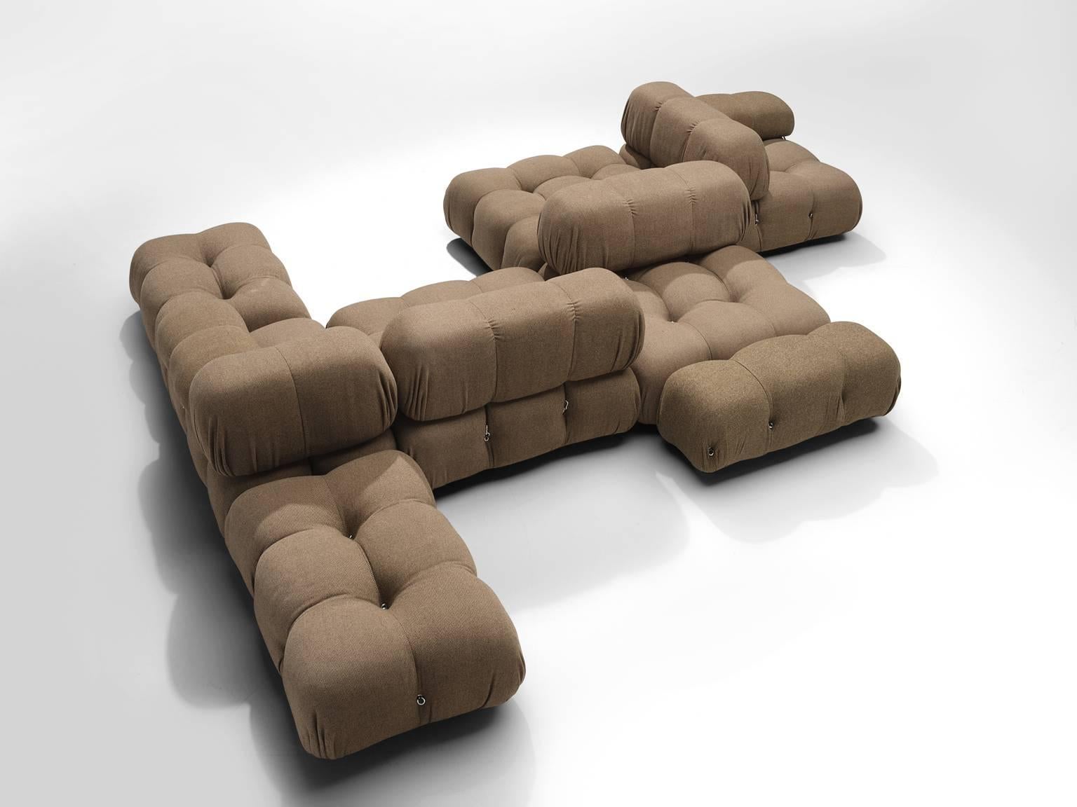 Mario Bellini, modular 'Camaleonda' sofa in original grey beige fabric upholstery, Italy, 1972.

The sectional elements of this can be used freely and apart from one another. The backs and armrests are provided with rings and carabiners, which