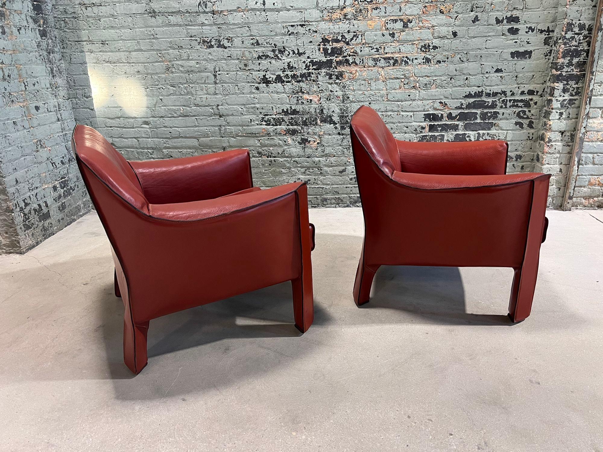 Steel Mario Bellini Pair Leather Cab Lounge Chairs, Model 415, Italy 1970