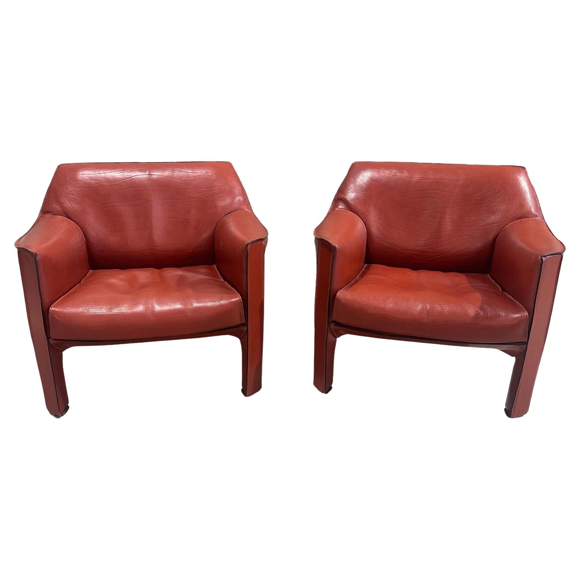 Mario Bellini Pair Leather Cab Lounge Chairs, Model 415, Italy 1970