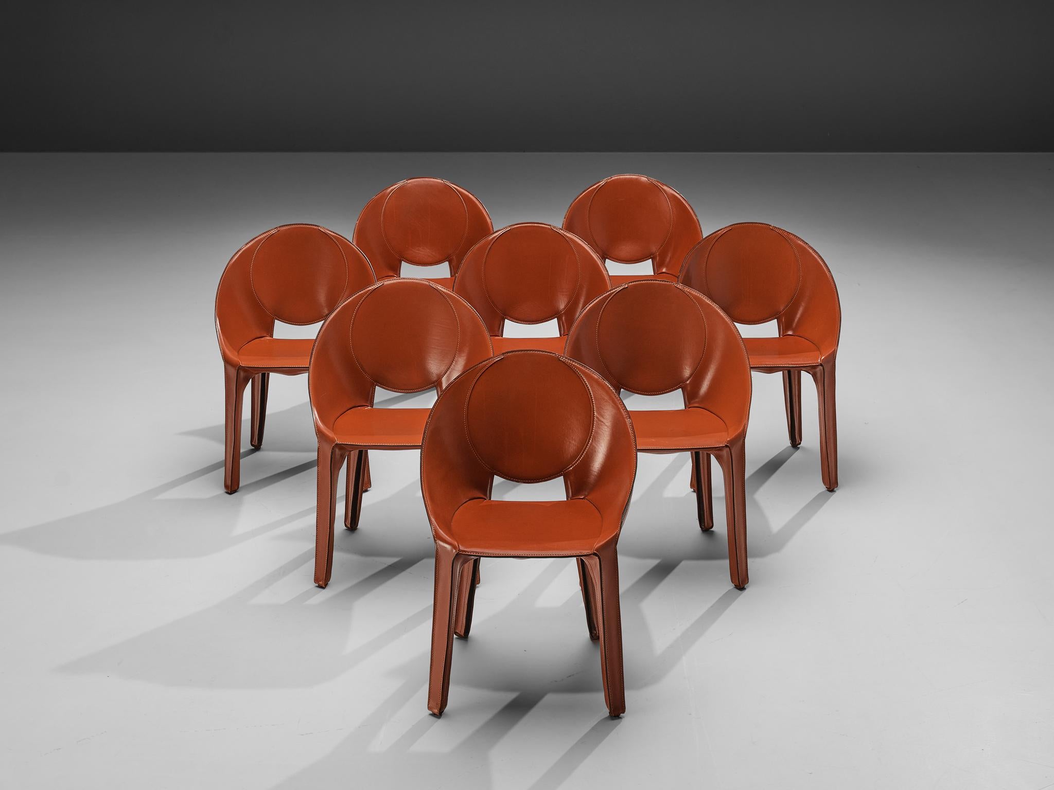 Post-Modern Mario Bellini Rare Set of Eight Lira Liuto Dining Chairs in Red Leather