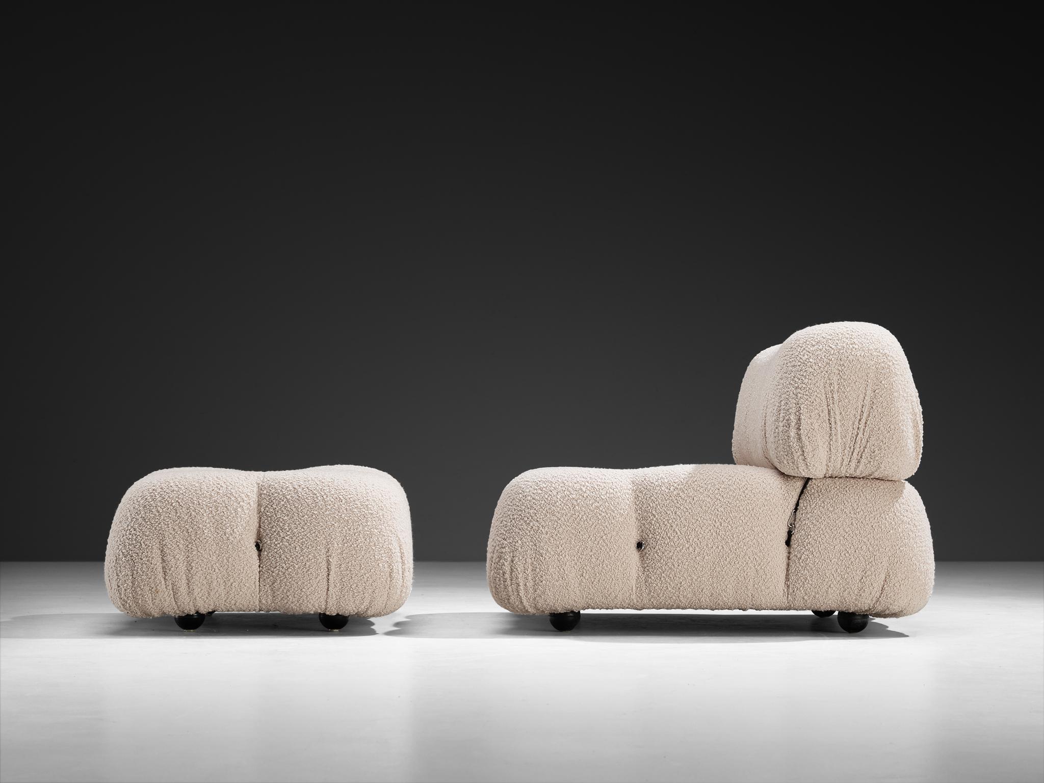 Italian Mario Bellini Reupholstered 'Camaleonda' Lounge Chair with Ottoman White Boucle For Sale