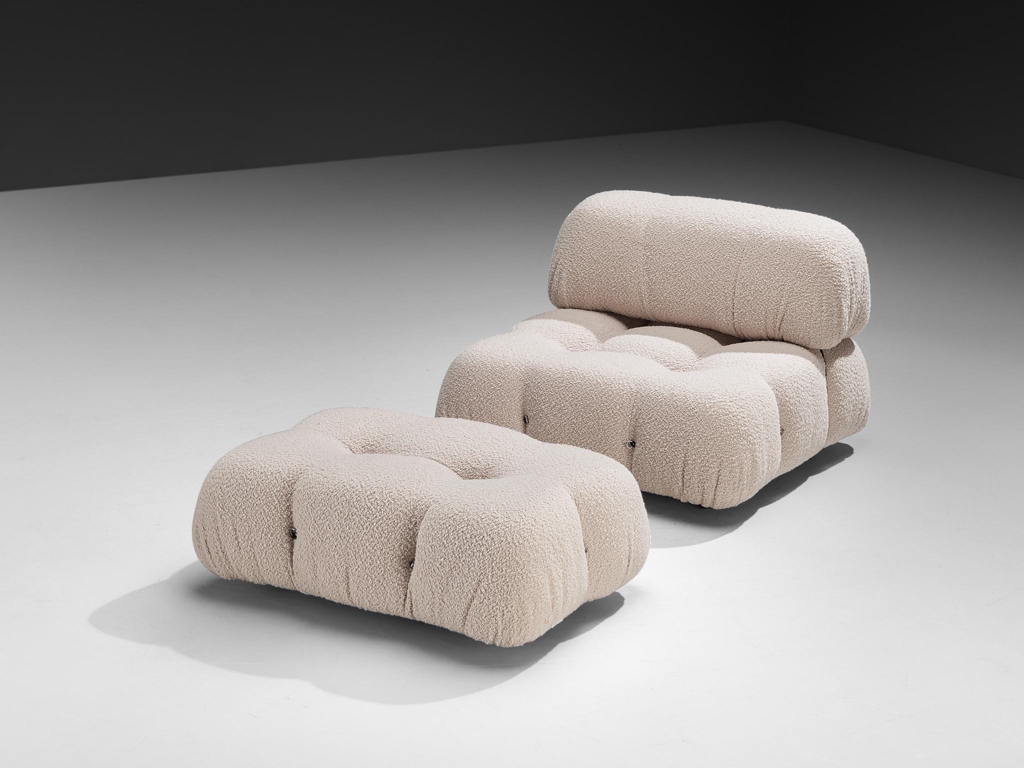 Late 20th Century Mario Bellini Reupholstered 'Camaleonda' Lounge Chair with Ottoman White Boucle For Sale