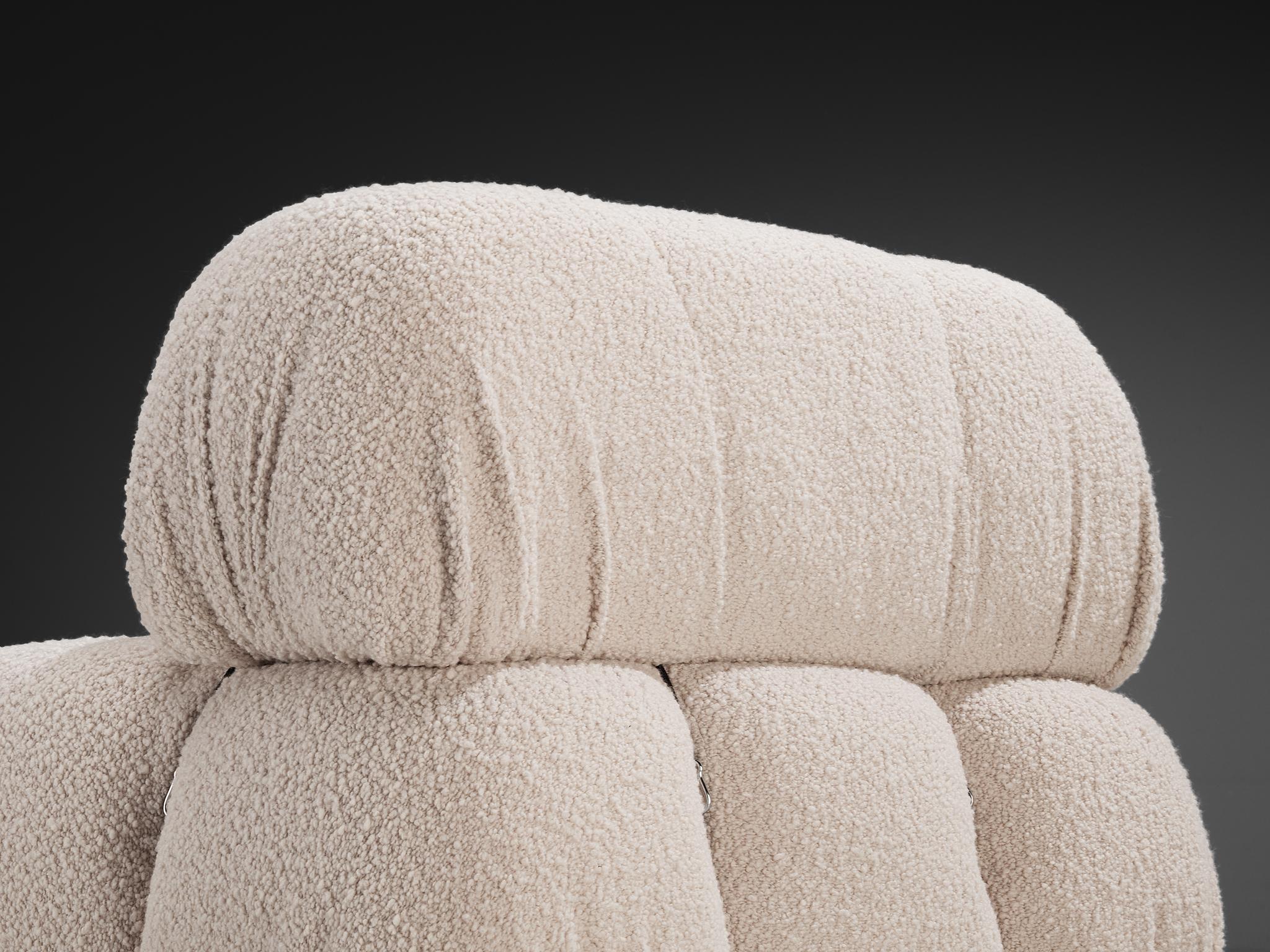 Metal Mario Bellini Reupholstered 'Camaleonda' Lounge Chair with Ottoman White Boucle For Sale