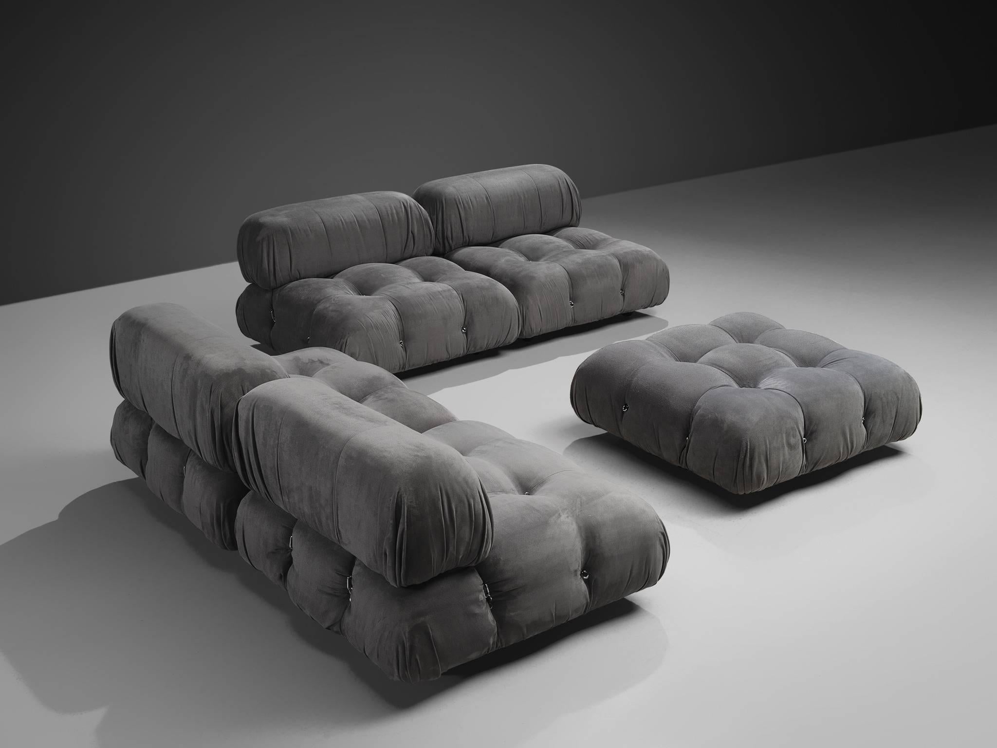 Mario Bellini, large modular 'Camaleonda' sofa in original grey alcantara upholstery, Italy 1972.

The five sectional elements of this can be used freely and apart from one another. The backs and armrests are provided with rings and carabiners,