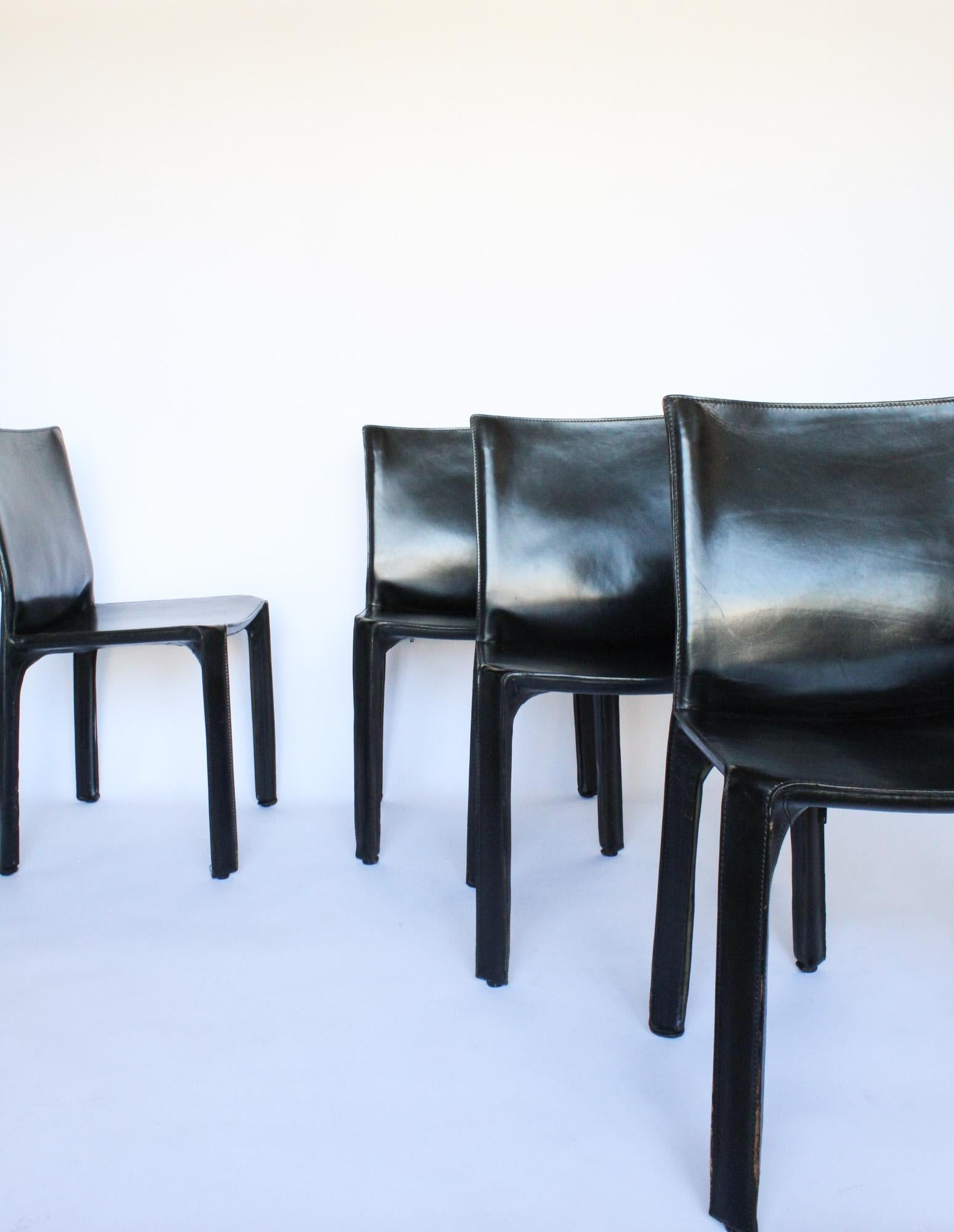 Mid-Century Modern Mario Bellini Set of 4 Cab Chairs, Cassina Black Leather