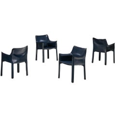 Mario Bellini Set of Four 'CAB 413' Dining Chairs in Unusual Dark Blue Leather