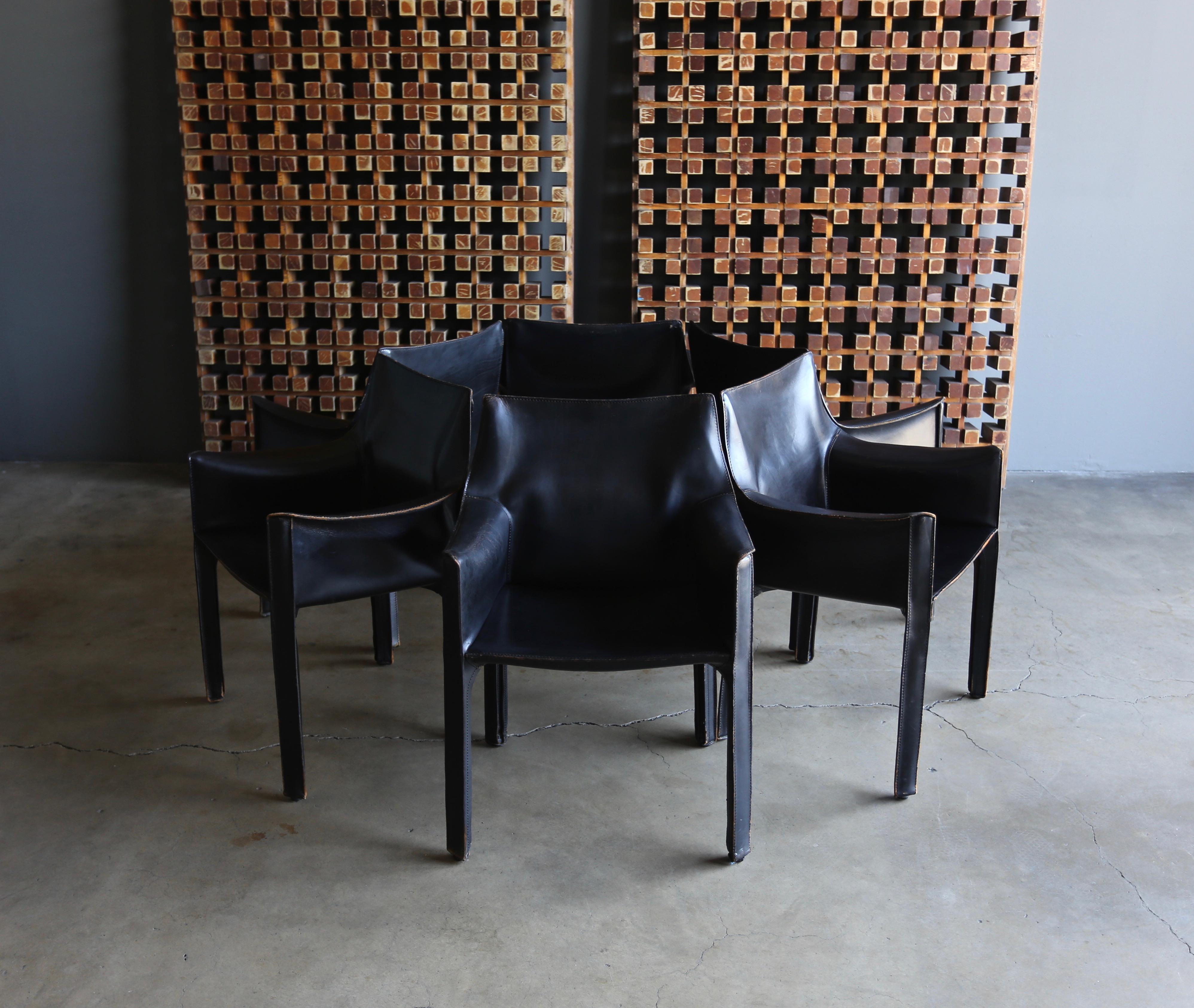 Italian Mario Bellini Set of Six Black Leather 
