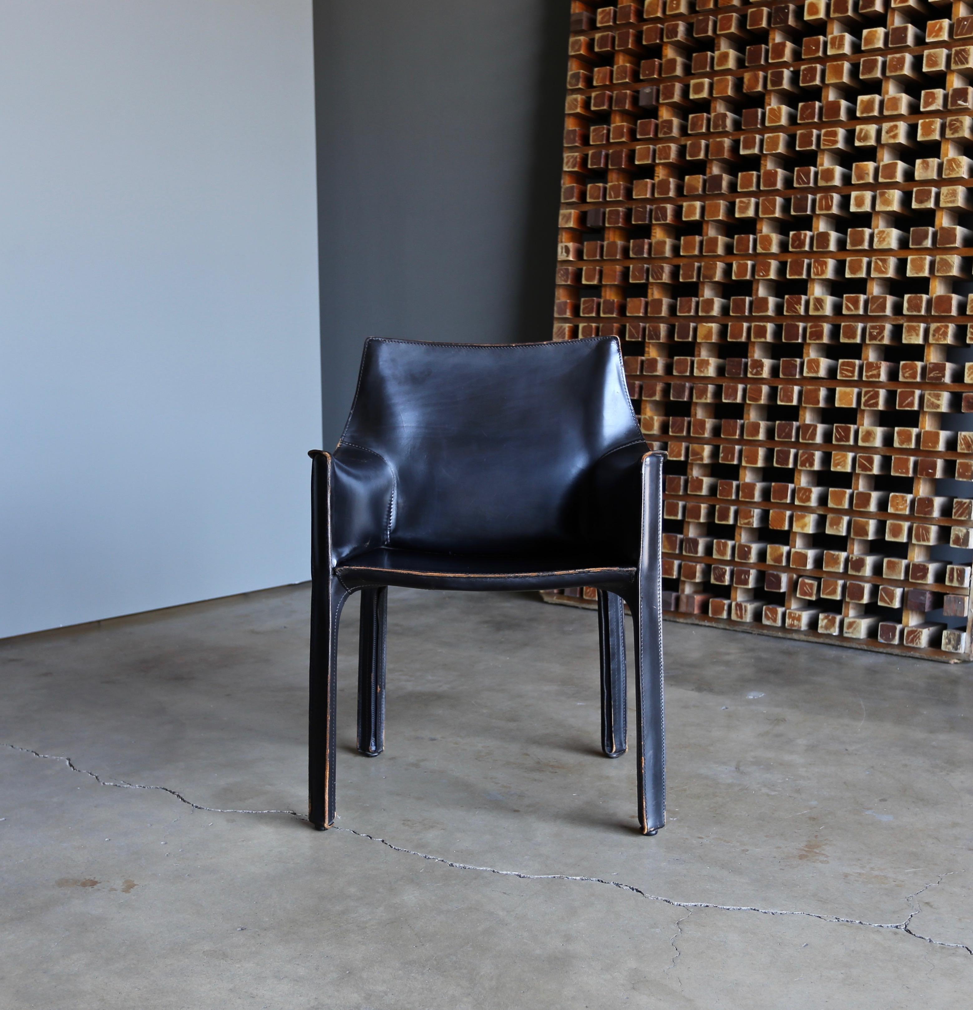 Steel Mario Bellini Set of Six Black Leather 