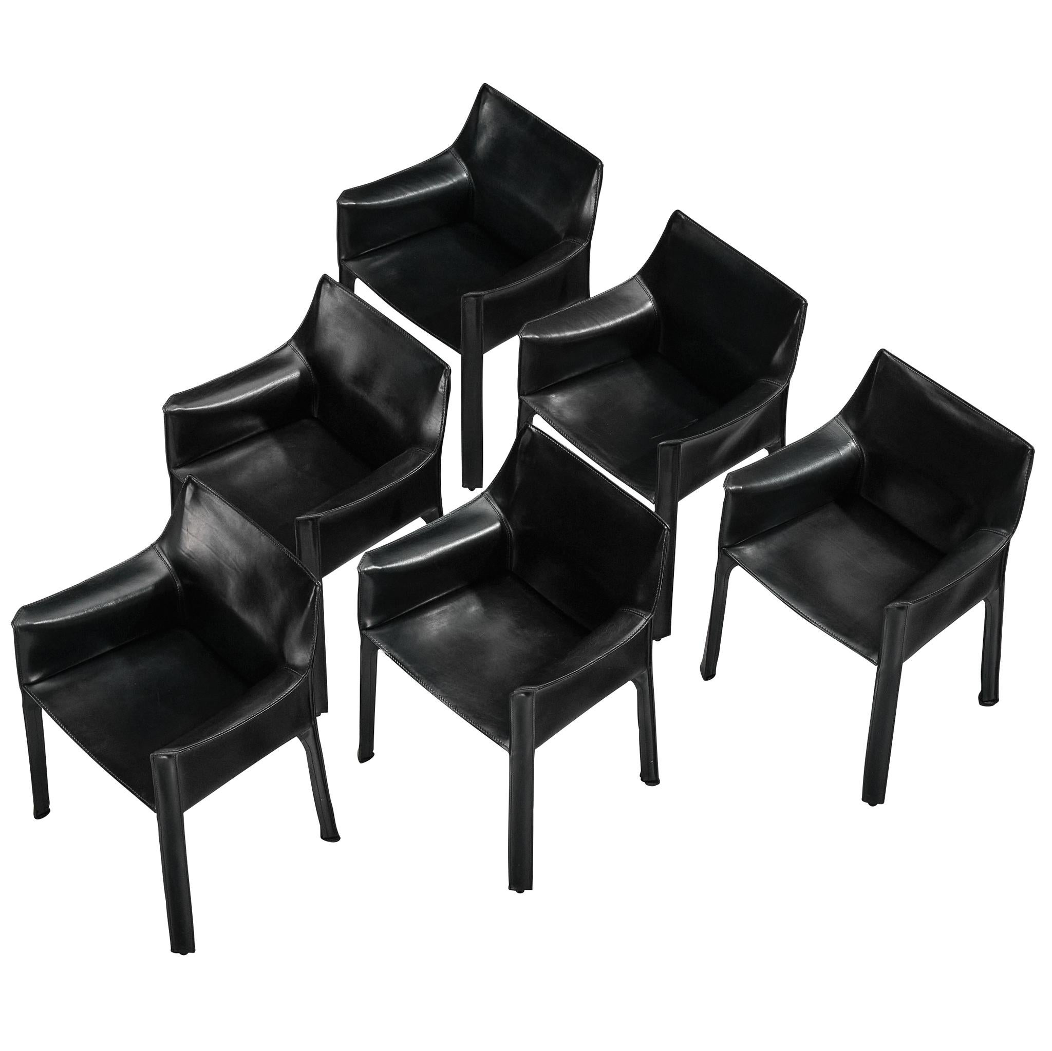 Mario Bellini Set of Six 'CAB 413' Dining Chairs in Black Leather For Sale