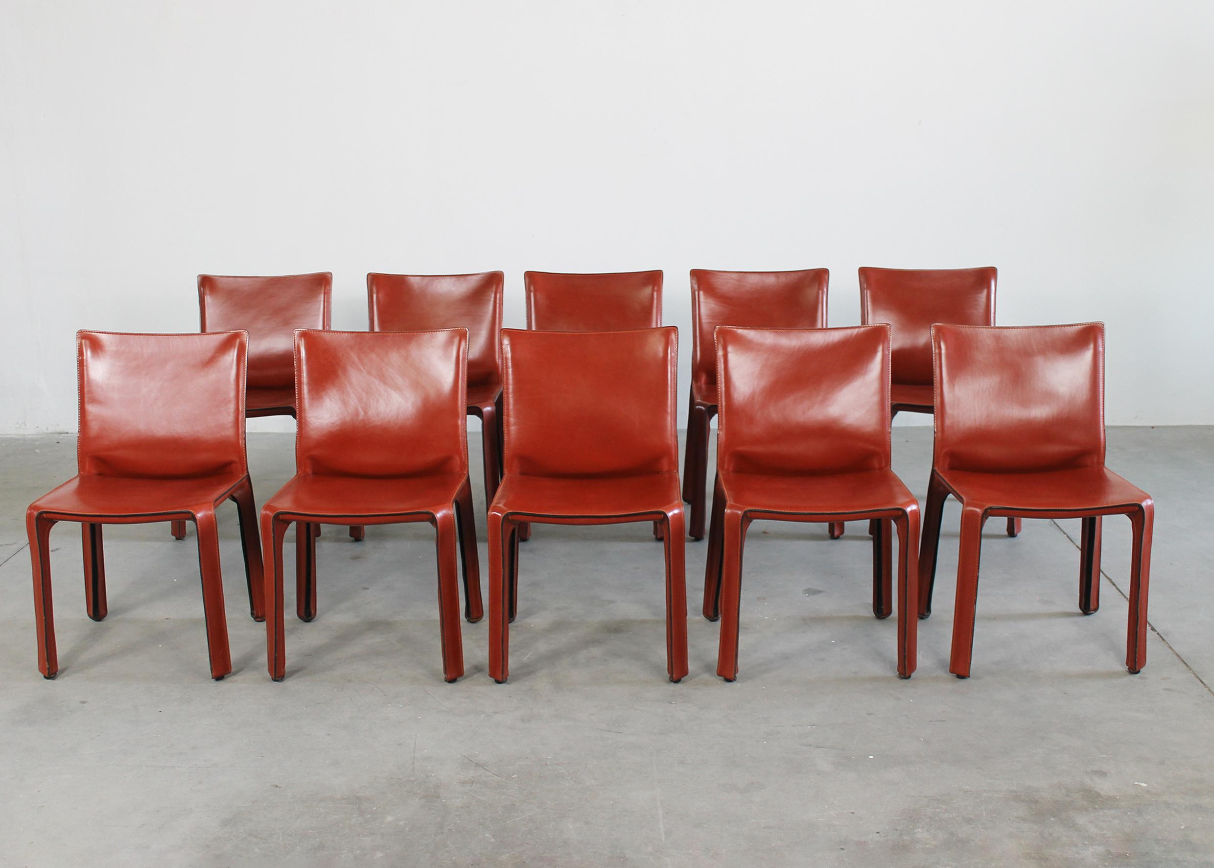 Italian Mario Bellini Set of Ten CAB 412 Chairs in Steel and Leather by Cassina 1990s
