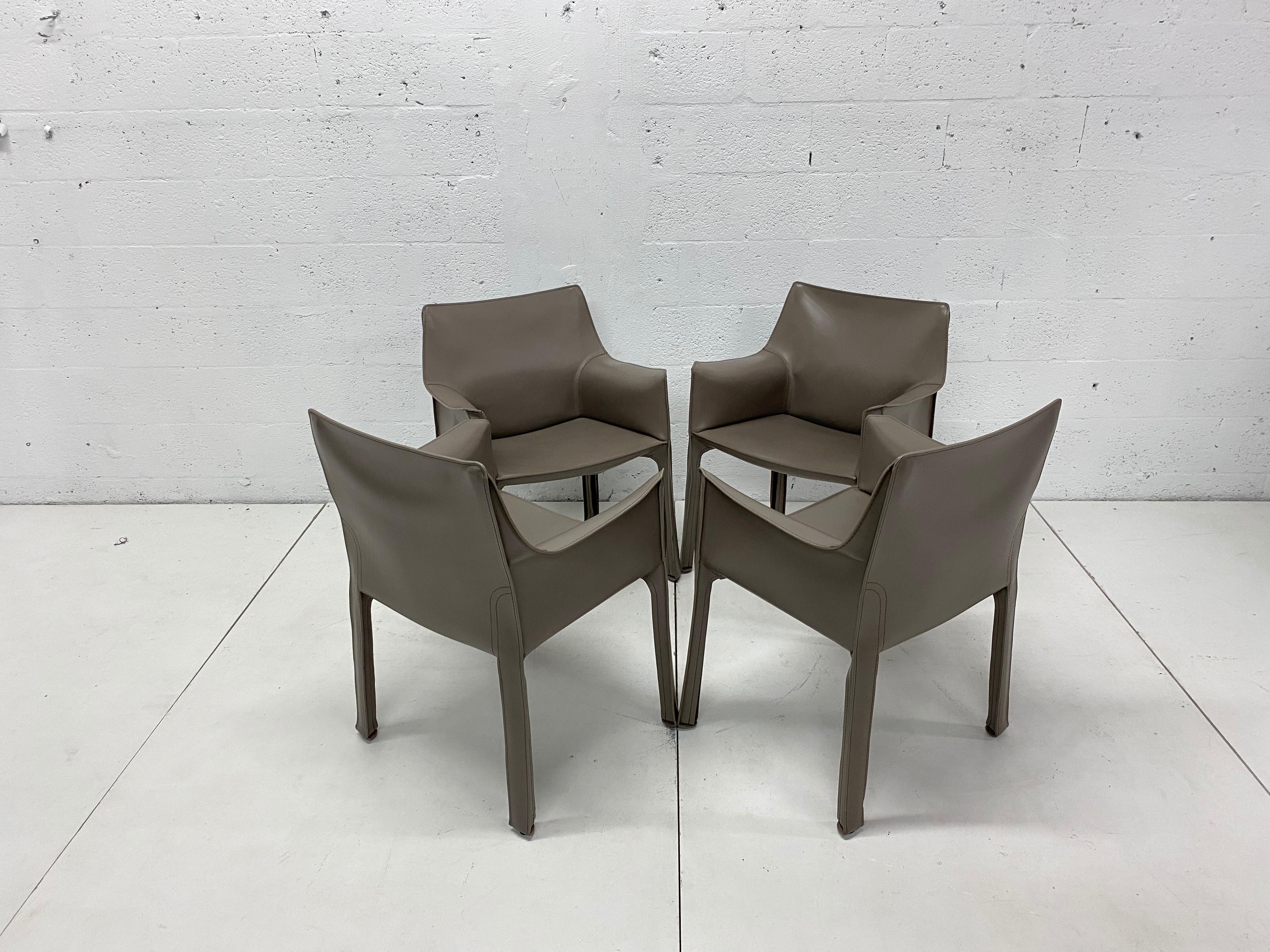 Leather Mario Bellini Taupe Grey Cab 413 Dining or Side Chairs for Cassina, Set of Four