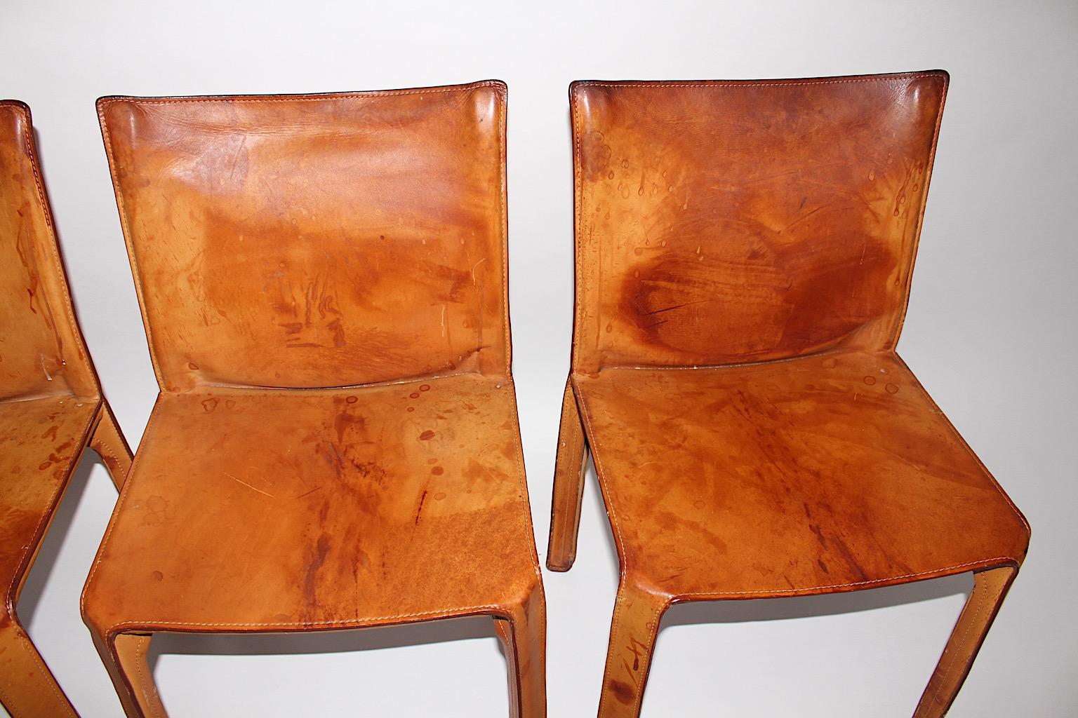 Mario Bellini Three Vintage Tan Cognac Brown Leather Dining Chairs CAB 412 Italy 3