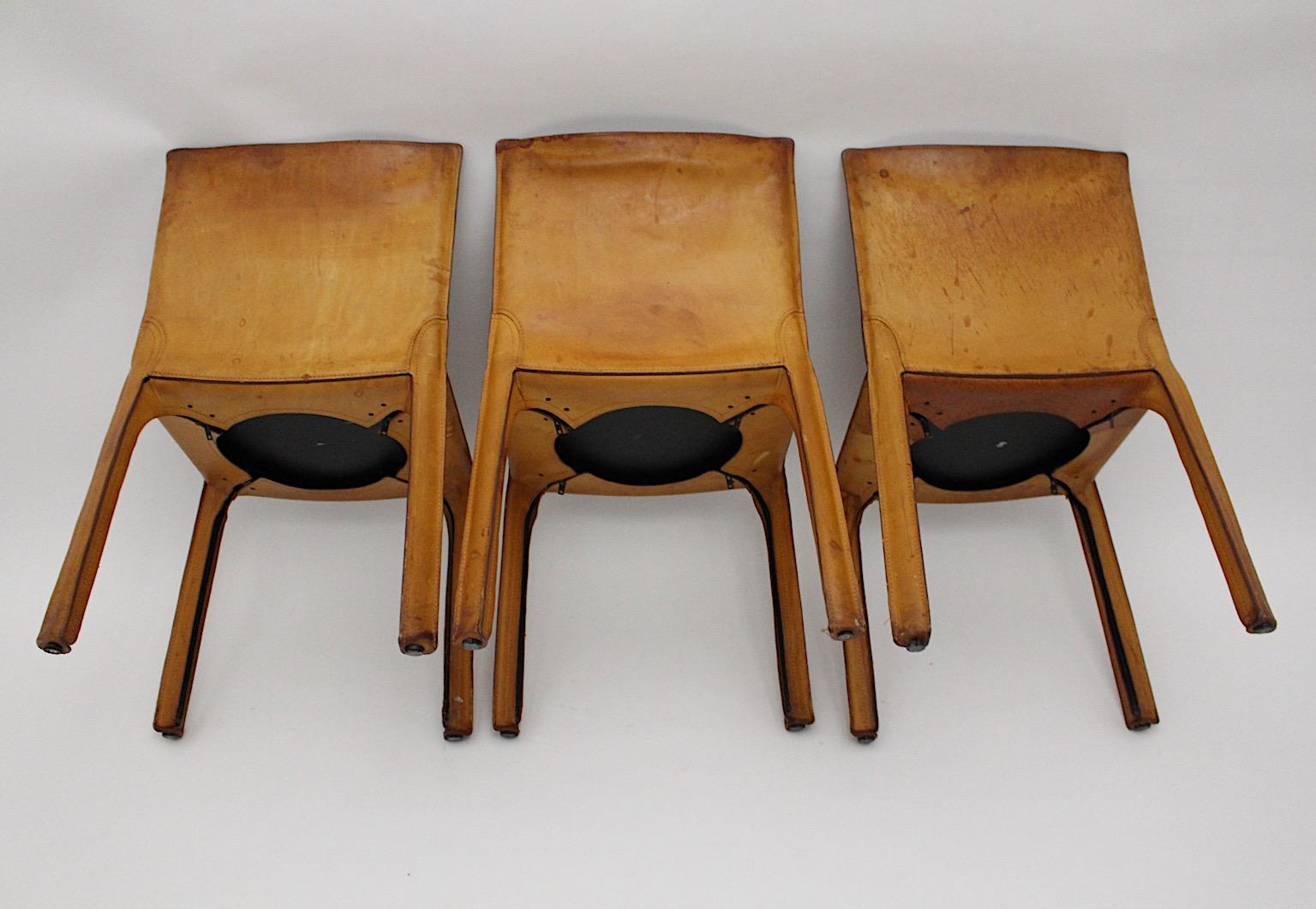Mario Bellini Three Vintage Tan Cognac Brown Leather Dining Chairs CAB 412 Italy 8
