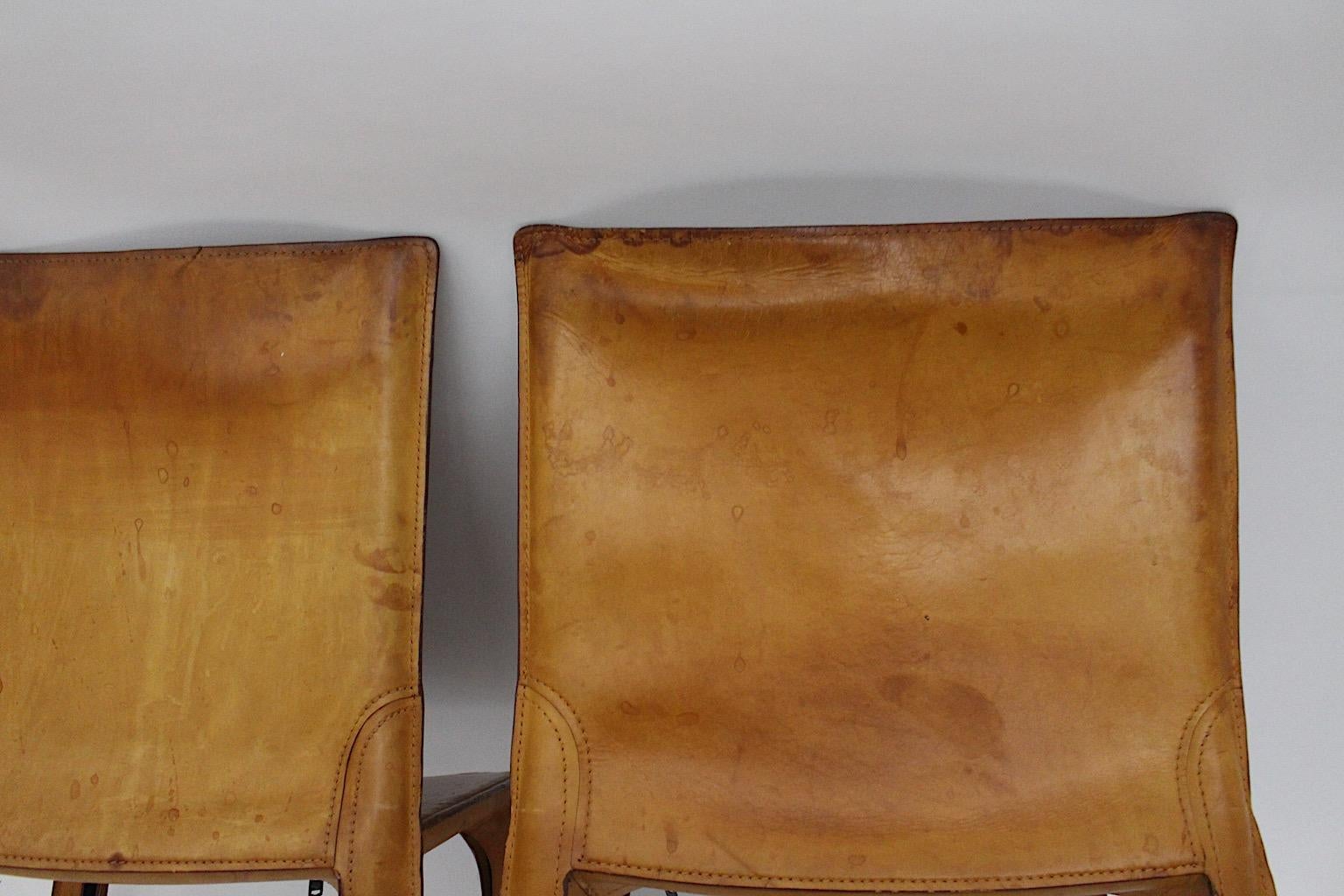 Mario Bellini Three Vintage Tan Cognac Brown Leather Dining Chairs CAB 412 Italy 10