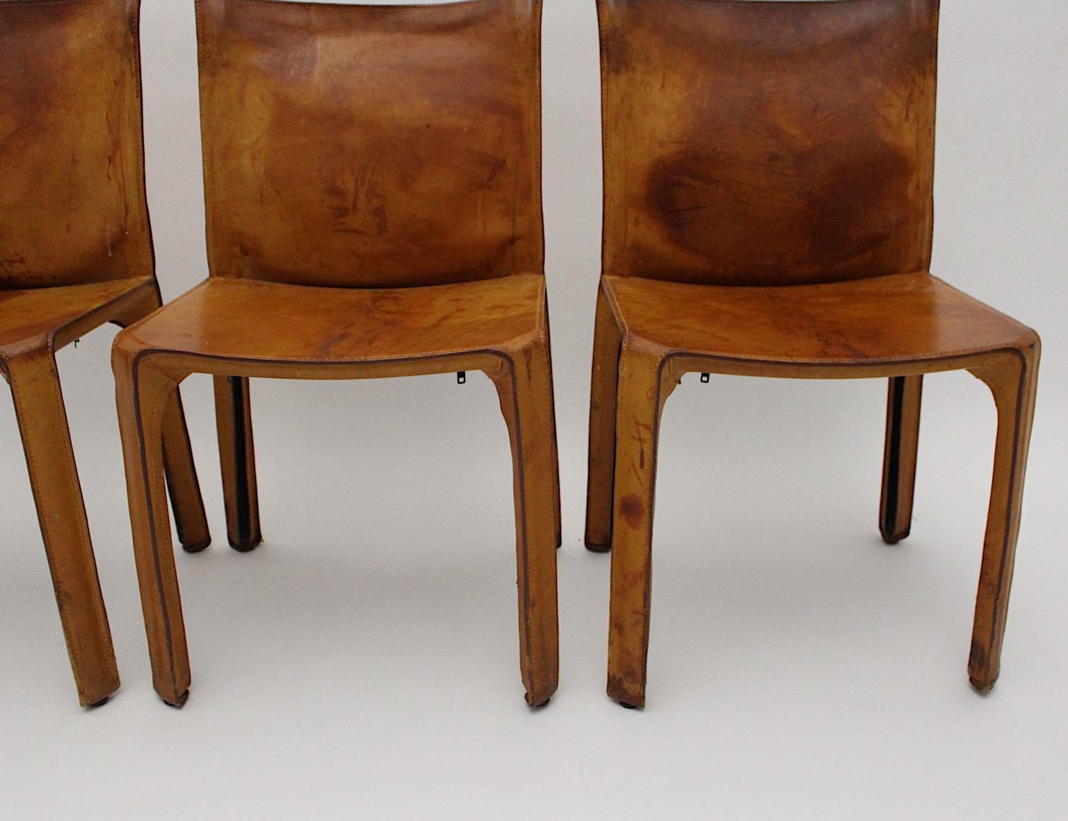 Modern Mario Bellini Three Vintage Tan Cognac Brown Leather Dining Chairs CAB 412 Italy