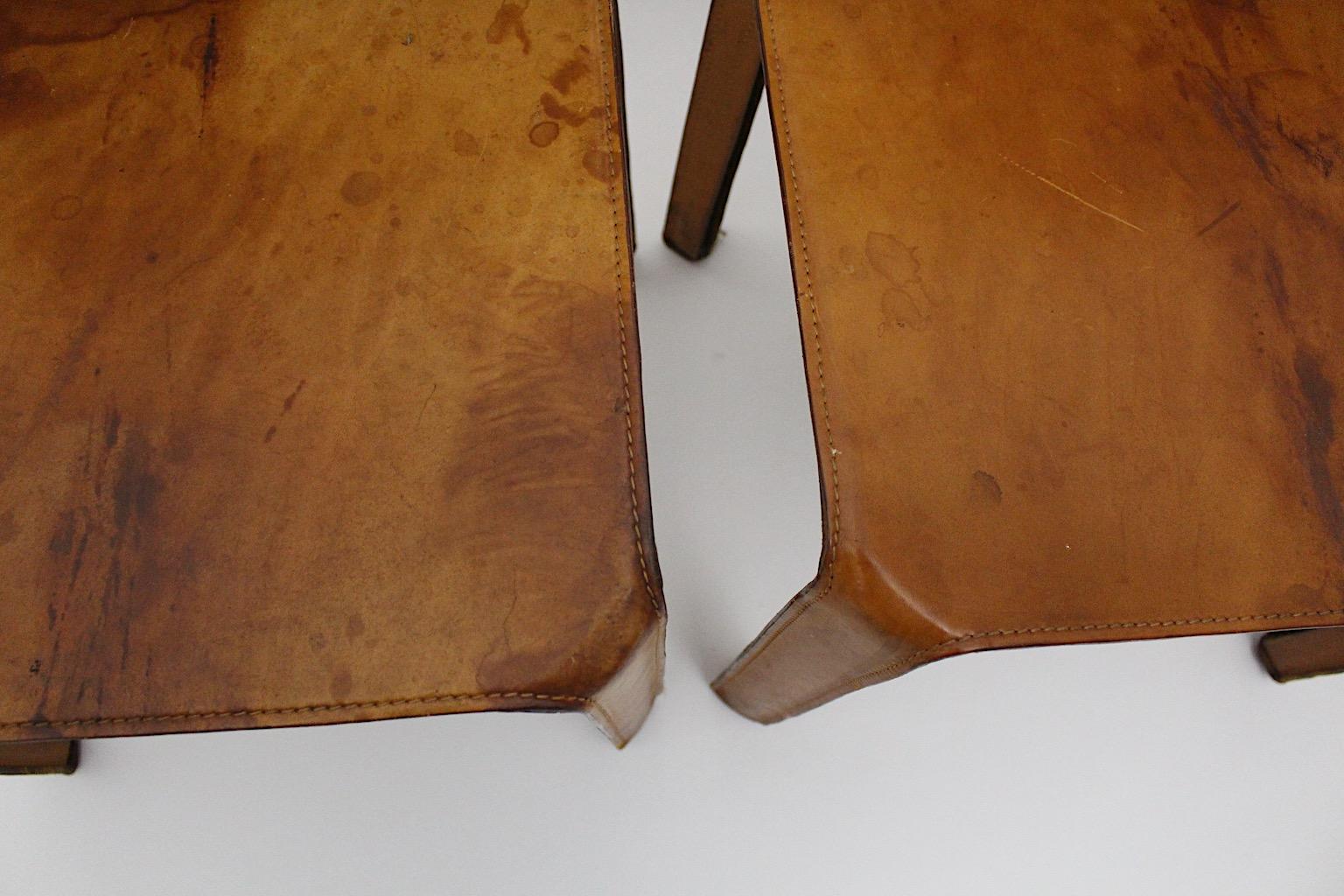 Italian Mario Bellini Three Vintage Tan Cognac Brown Leather Dining Chairs CAB 412 Italy
