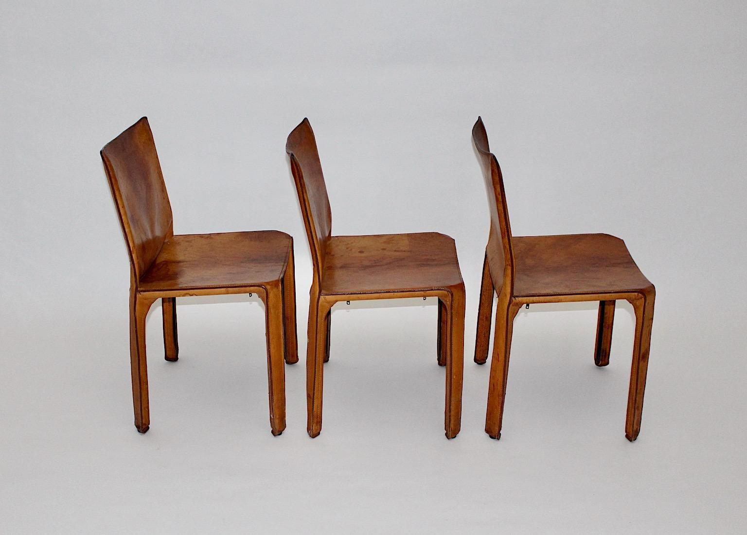 20th Century Mario Bellini Three Vintage Tan Cognac Brown Leather Dining Chairs CAB 412 Italy