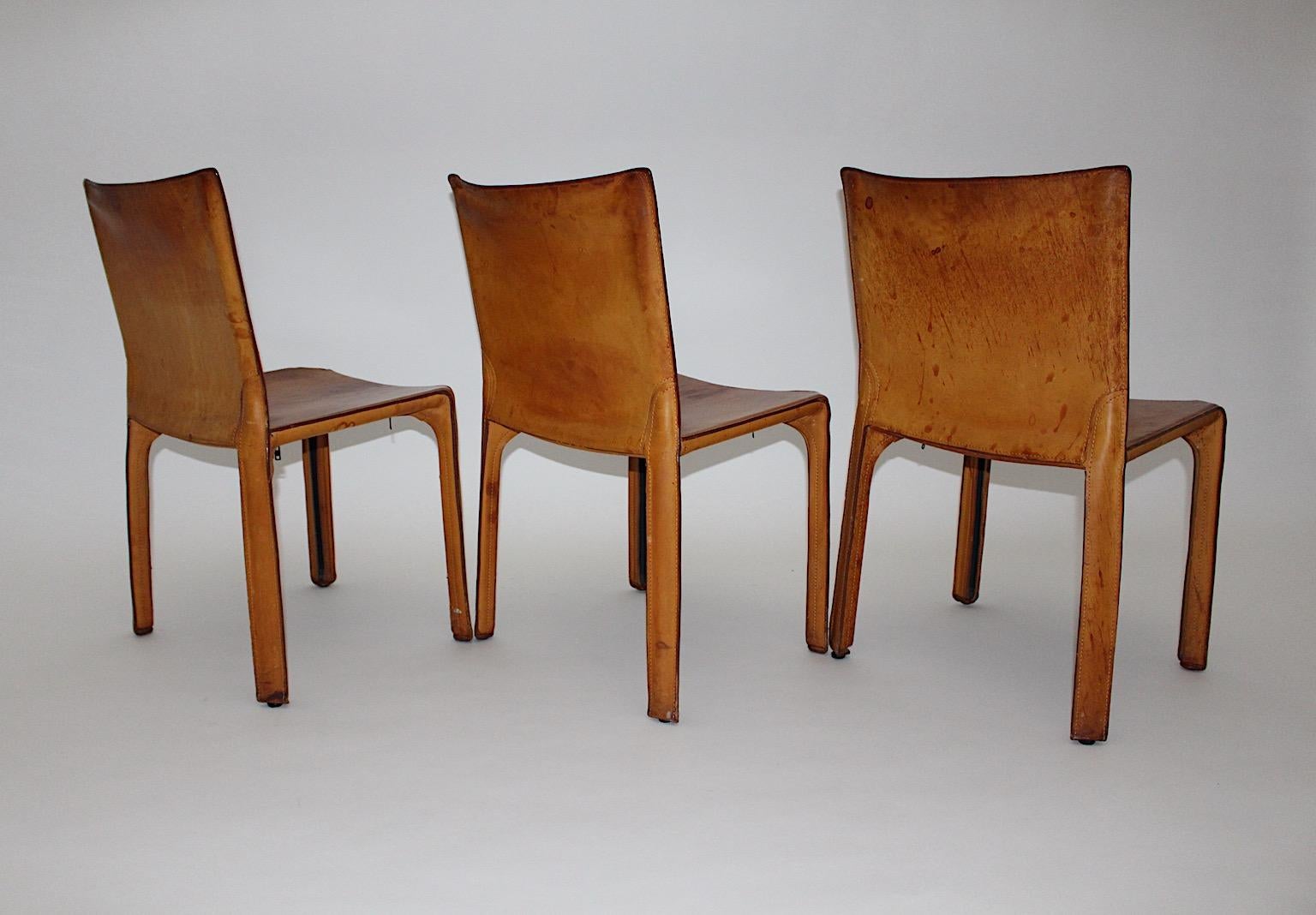 Metal Mario Bellini Three Vintage Tan Cognac Brown Leather Dining Chairs CAB 412 Italy