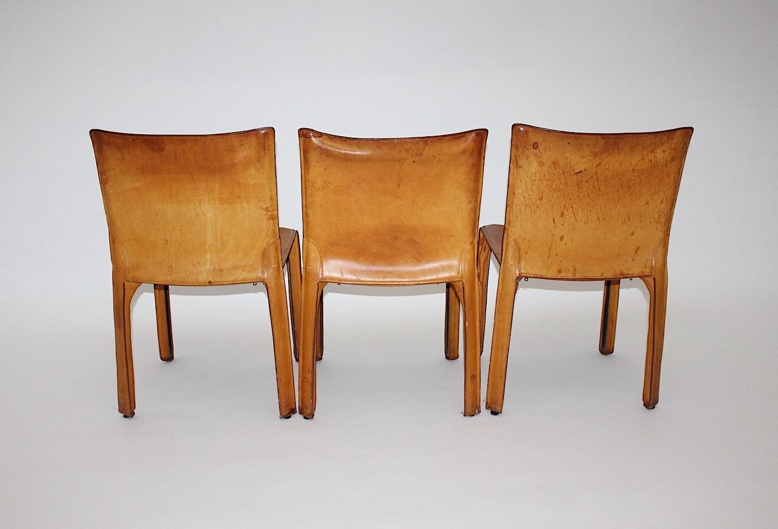 Mario Bellini Three Vintage Tan Cognac Brown Leather Dining Chairs CAB 412 Italy 1