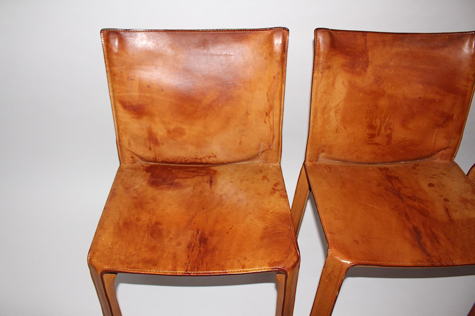 Mario Bellini Three Vintage Tan Cognac Brown Leather Dining Chairs CAB 412 Italy 2